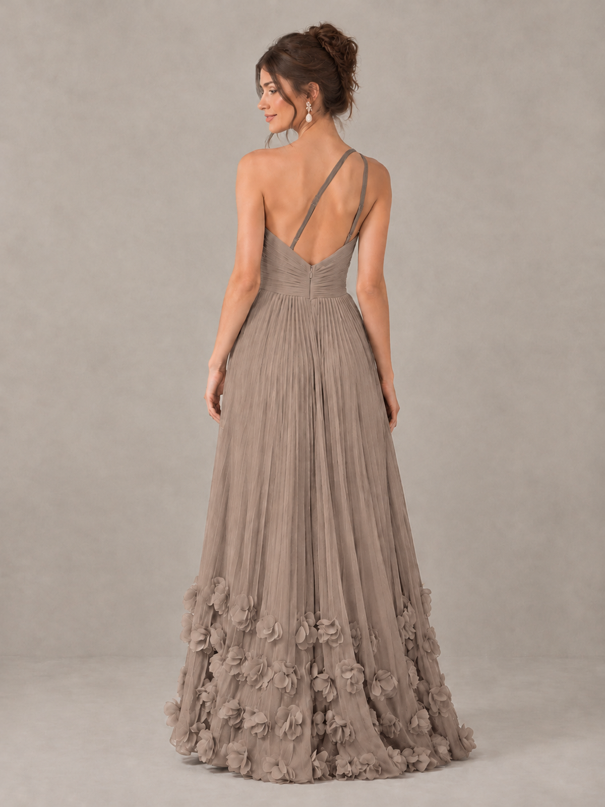 BOLODOO Taupe One-Shoulder Pleated Bridesmaid Dress with 3D Floral Hem - Taupe - Taupe_2