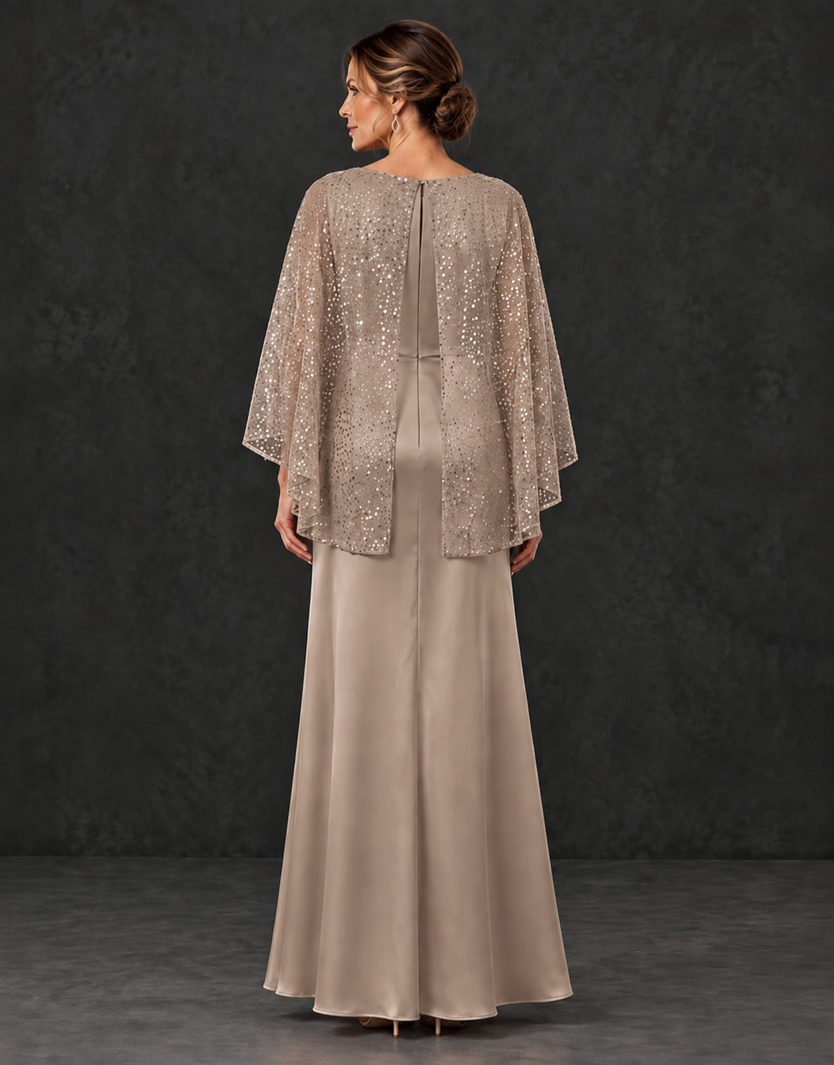 BOLODOO Taupe Sparkle Cape Sleeve Mother of the Bride Dress - Taupe - Taupe_2