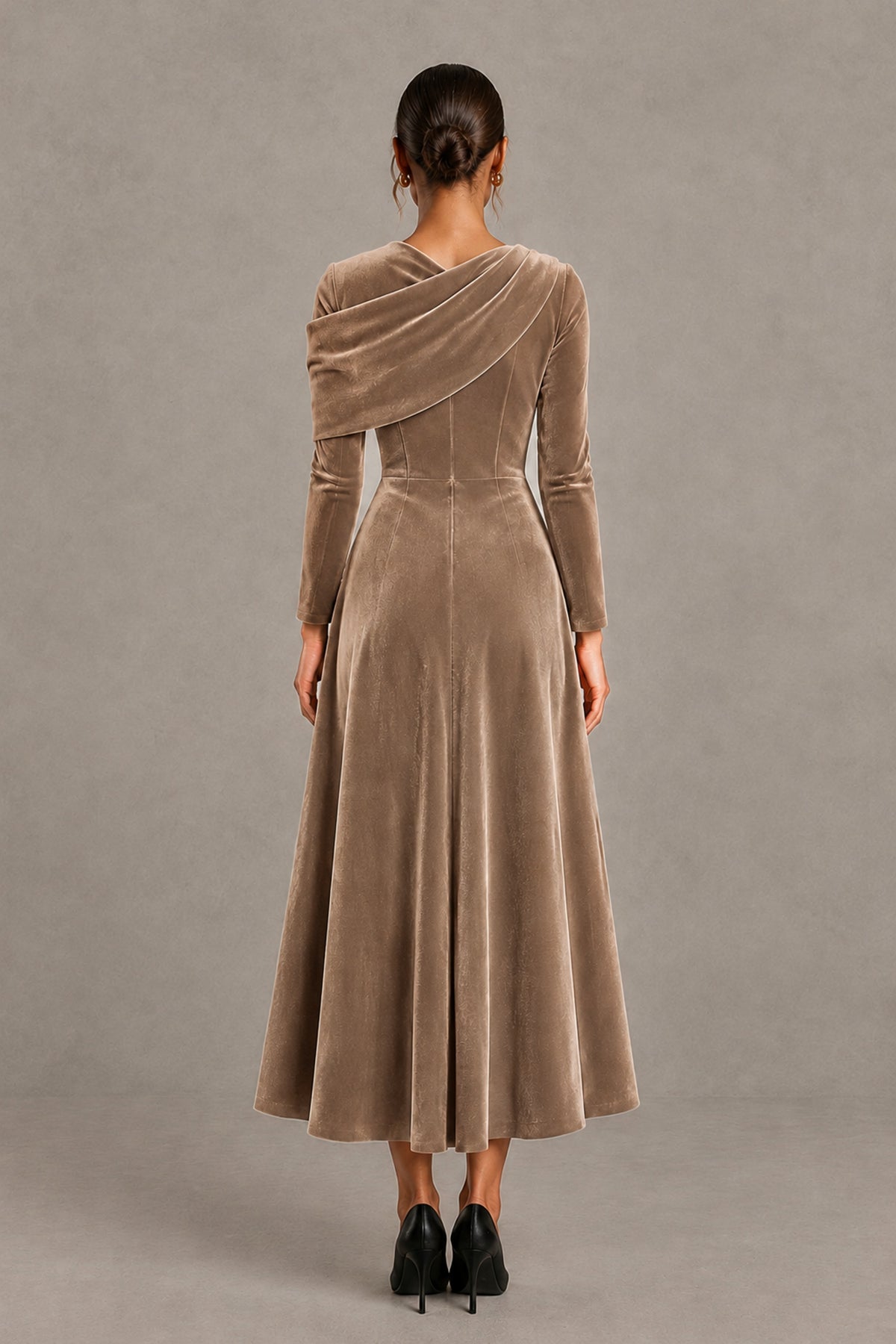 BOLODOO Taupe Velvet-Look Long Sleeve Tea-Length A-Line Dress with Draped Neckline - Taupe - Taupe_2