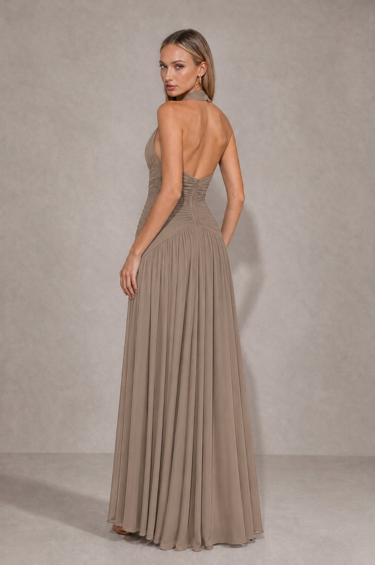 BOLODOO Taupe Chiffon Halter Deep V-Neck Ruched A-Line Backless Maxi Dress with Train-BD0167 - Taupe - Taupe_2