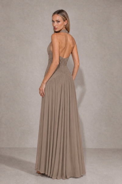 BOLODOO Taupe Chiffon Halter Deep V-Neck Ruched A-Line Backless Maxi Dress with Train-BD0167 - Taupe - Taupe_2