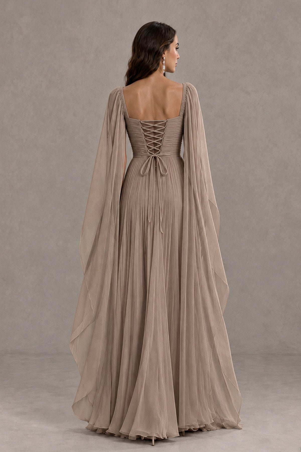 BOLODOO Taupe Square Neck Cape Sleeve A-Line Evening Dress - Taupe - Taupe_2