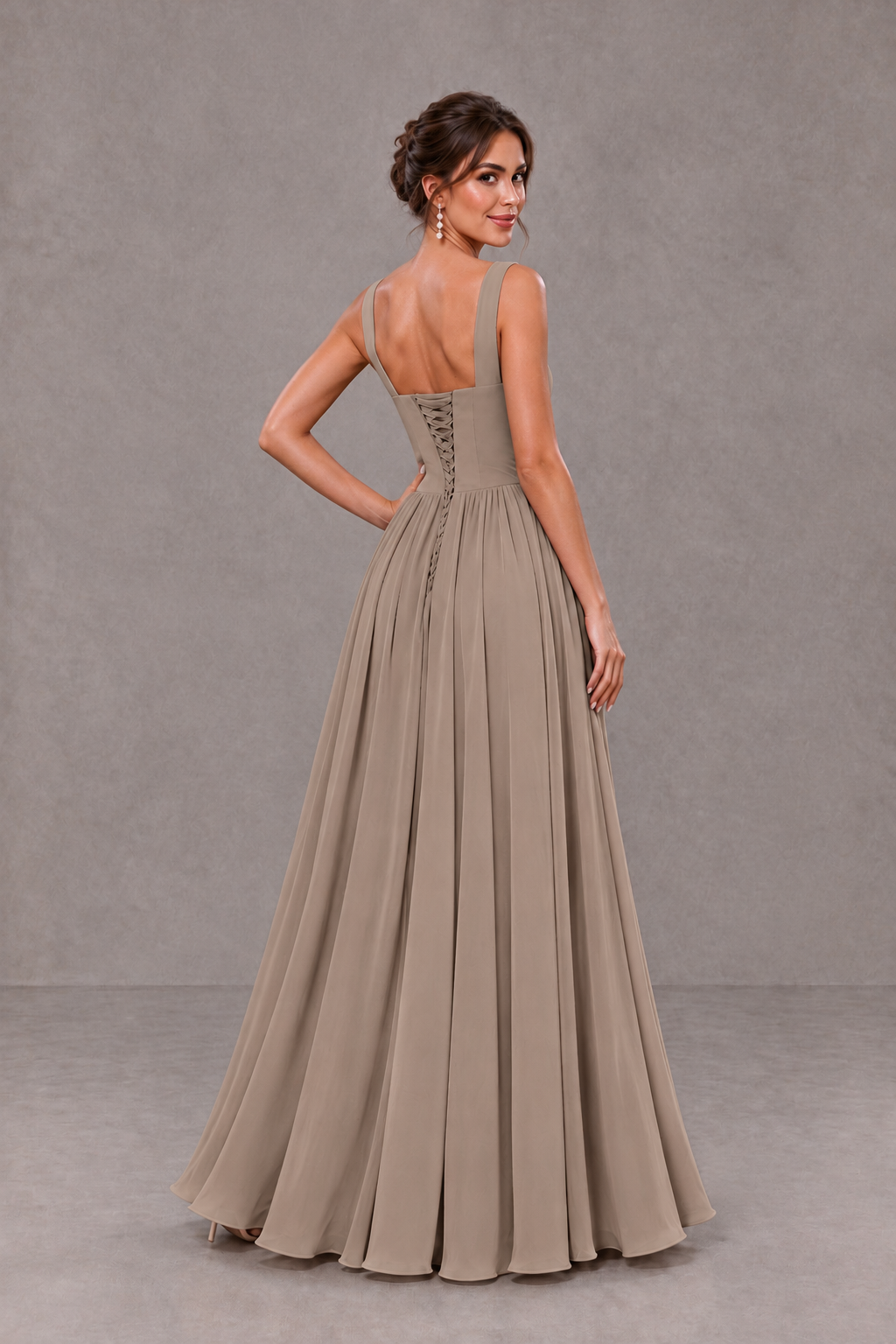 BOLODOO Taupe Square Neck A-Line Bridesmaid Dress with Slit - Taupe - Taupe_2