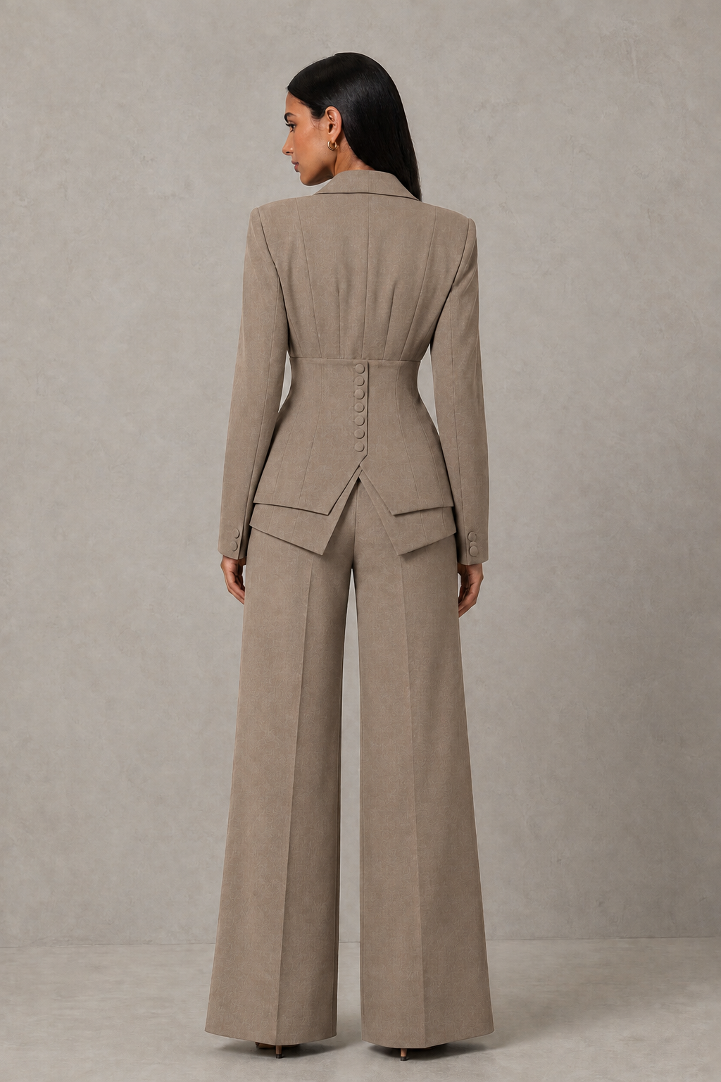 BOLODOO Taupe Cinched Waist Blazer and Wide Leg Pants Two Piece Suit Set - Taupe