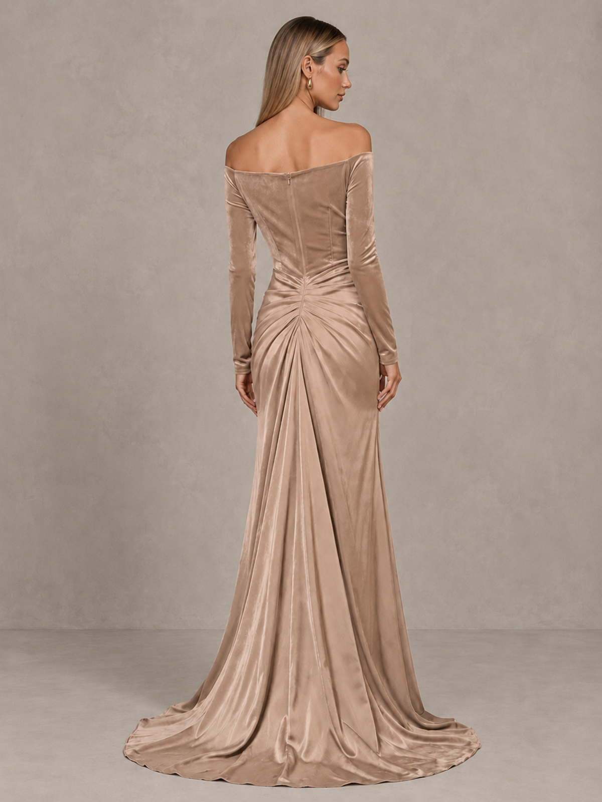 BOLODOO Taupe Off-Shoulder Velvet Evening Gown with High Slit - Taupe - Taupe_2