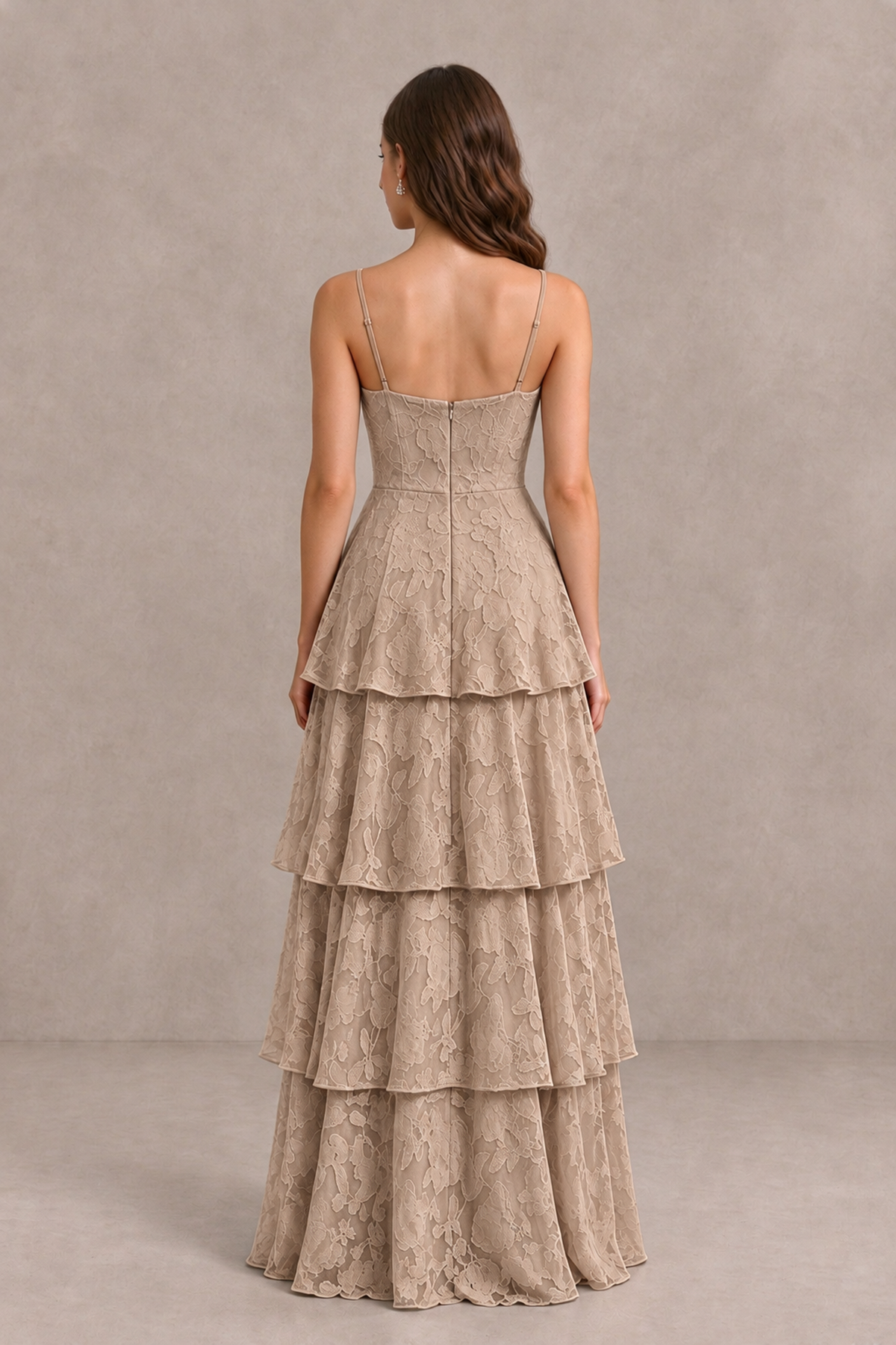 BOLODOO Taupe Tiered Floral-Textured Spaghetti Strap Maxi Dress - Taupe - Taupe_2