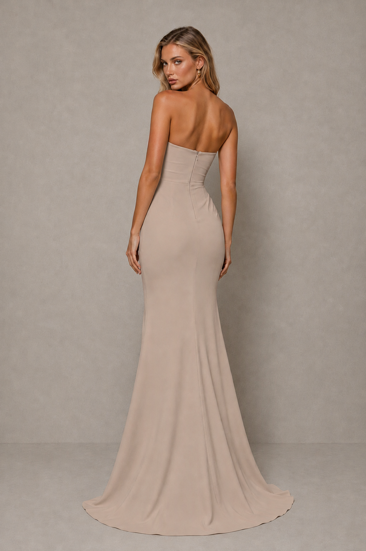 BOLODOO Taupe Strapless Sweetheart Ruched Mermaid Gown | Cascade Drape Formal Evening Dress - Taupe - Taupe_2