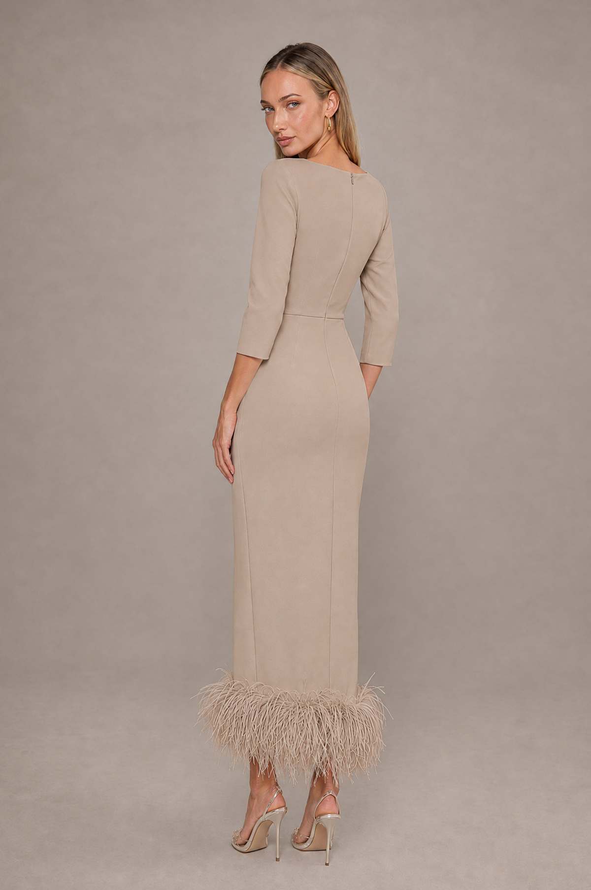 BOLODOO Taupe Feather-Trim Twist-Waist Midi Dress - Taupe - Taupe_2