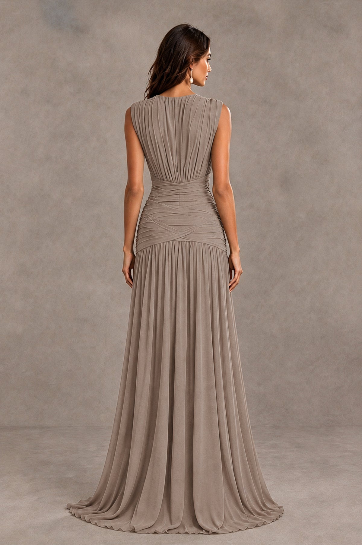 BOLODOO Taupe V-Neck Ruched Wedding Guest Dress - Taupe - Taupe_2