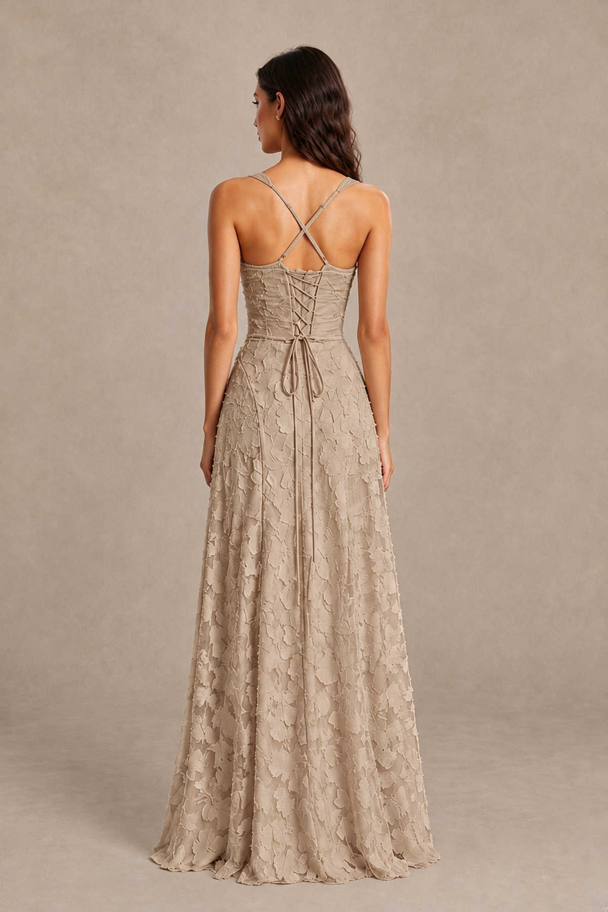 BOLODOO Taupe Floral-Textured A-Line Dress with Lace-Up Back - Taupe - Taupe_2