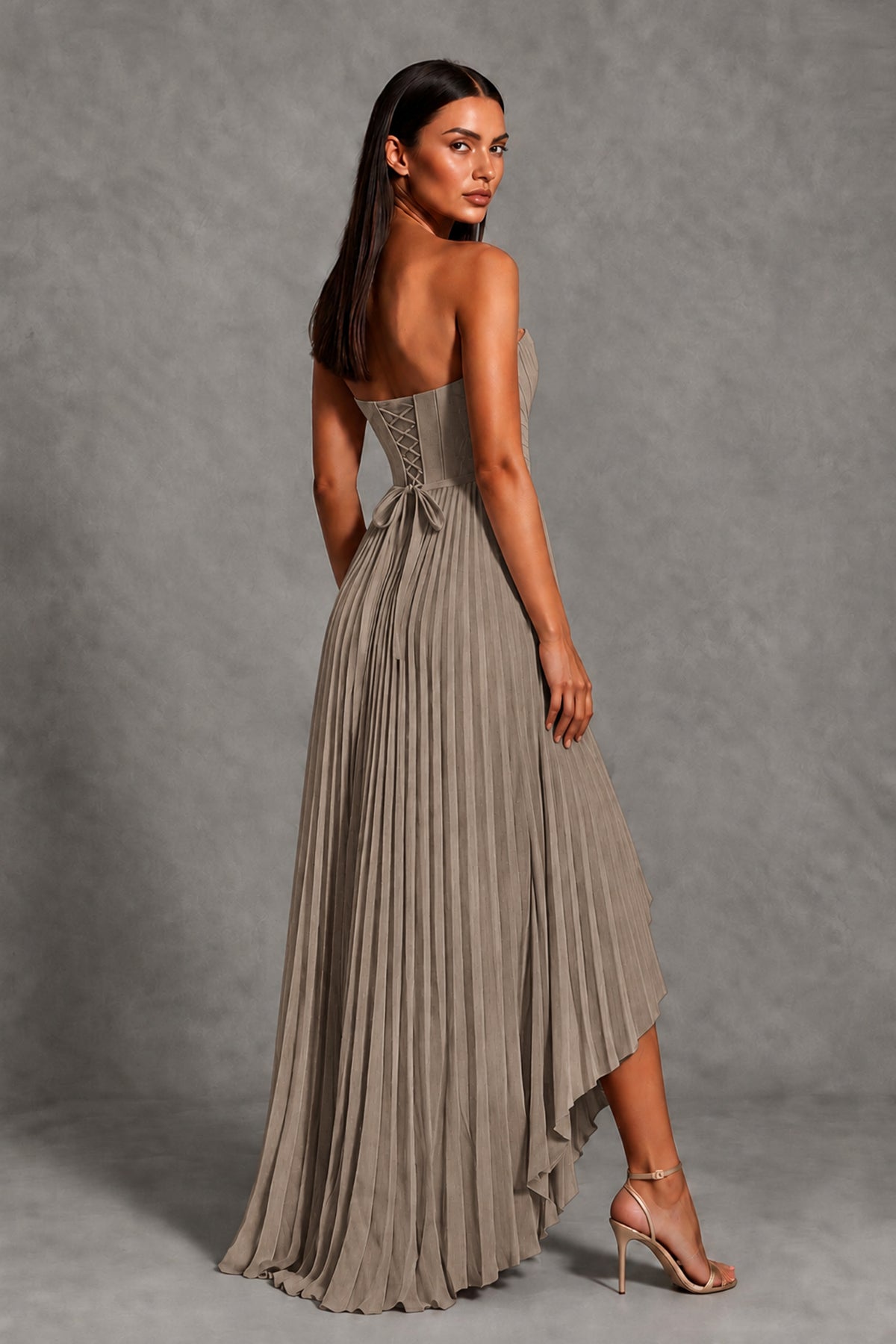 Taupe Strapless Pleated High-Low Evening Gown with Ruffle Hem - Taupe - Taupe_2