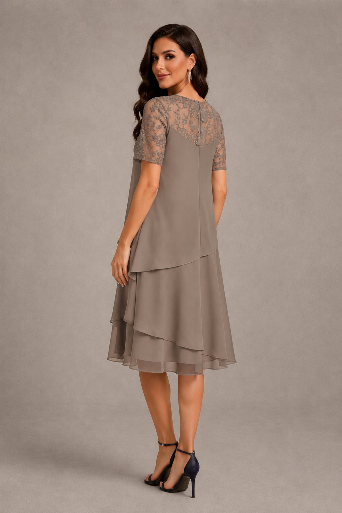 BOLODOO Taupe Illusion Lace Short Sleeve Tiered Chiffon Tea Length Dress | Mother of the Bride Midi Dress - Taupe
