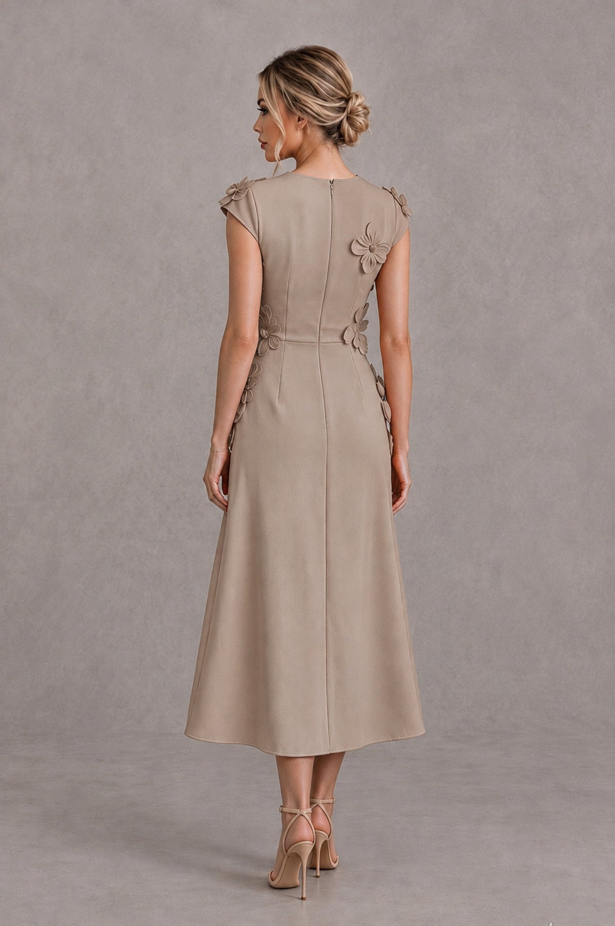BOLODOO Taupe 3D Floral Cap Sleeve Midi Cocktail Dress - Taupe - Taupe_2
