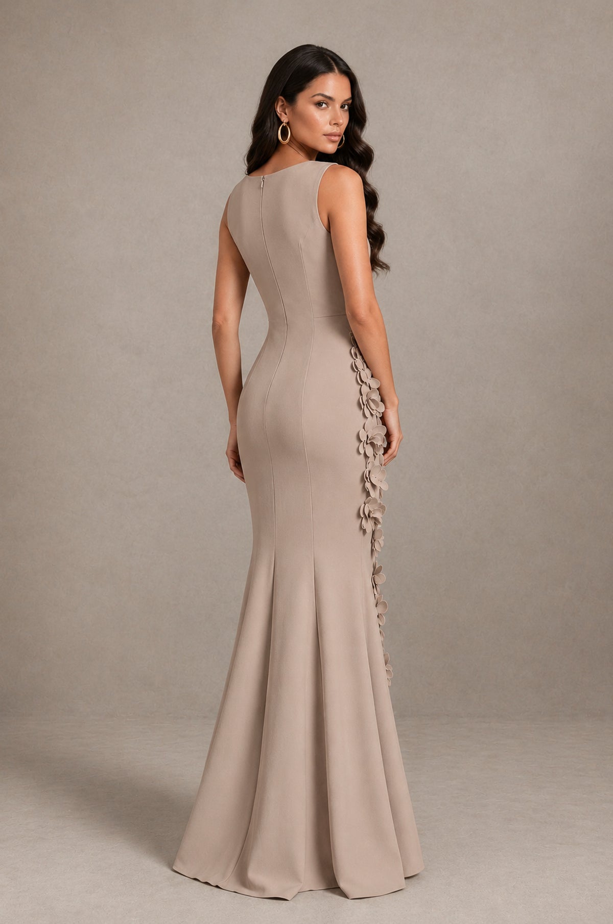 BOLODOO Taupe Bateau Neck Sleeveless Asymmetric Peplum 3D Petal Appliqué Mermaid Gown BD0421 - Taupe - Taupe_2