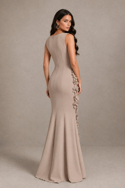 BOLODOO Taupe Bateau Neck Sleeveless Asymmetric Peplum 3D Petal Appliqué Mermaid Gown BD0421 - Taupe - Taupe_2