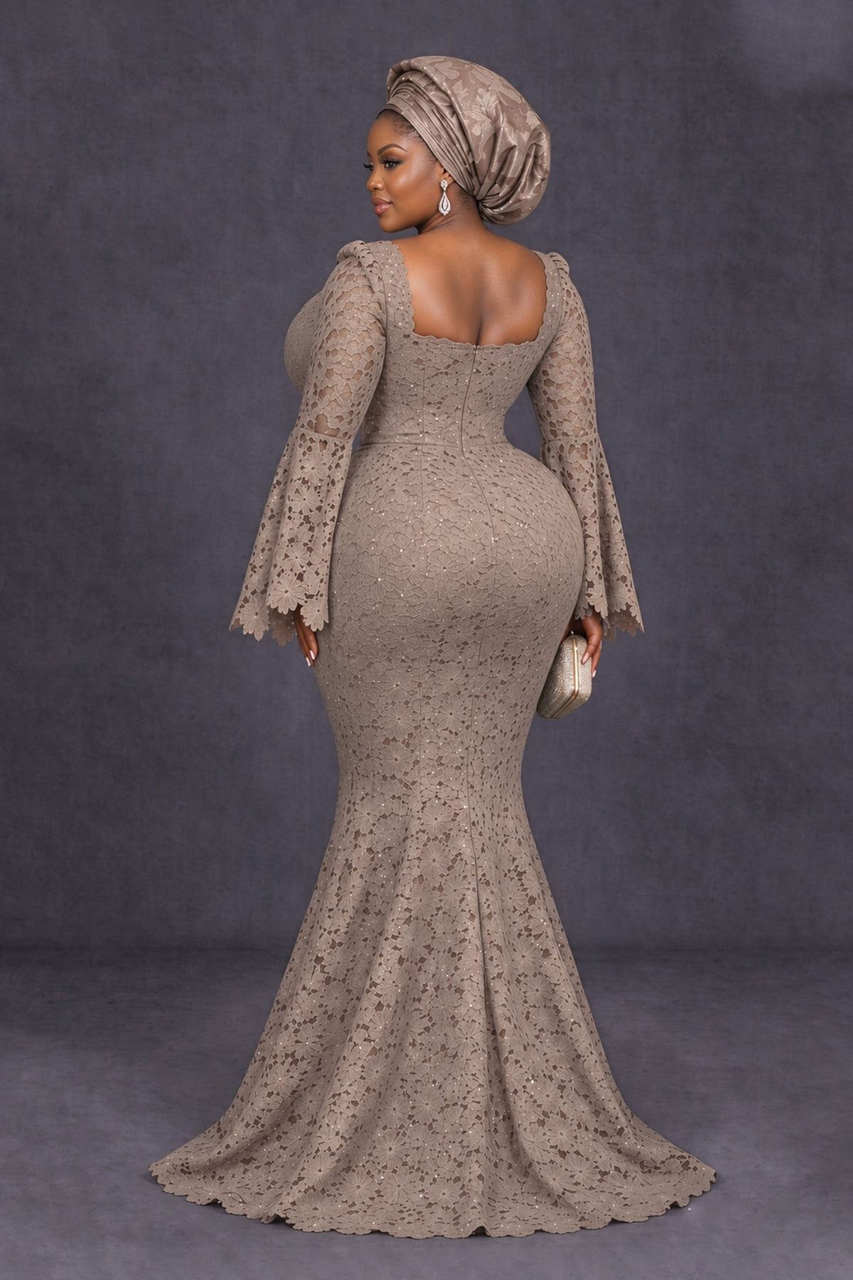 BOLODOO Taupe African Lace Mermaid Dress, Plus Size Nigerian Wedding Guest Gown with Bell Sleeves - Taupe - Taupe_2