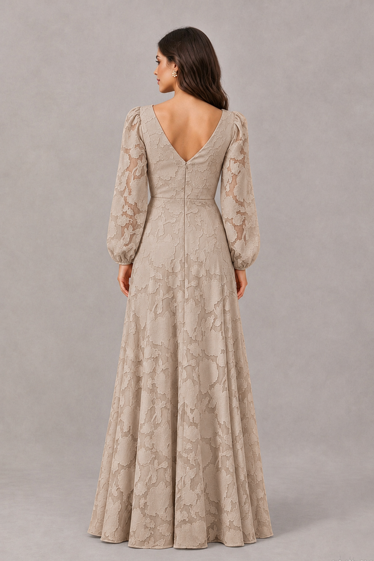 BOLODOO Taupe Long Sleeve V-Neck A-Line Mother of the Bride Dress - Taupe - Taupe_2