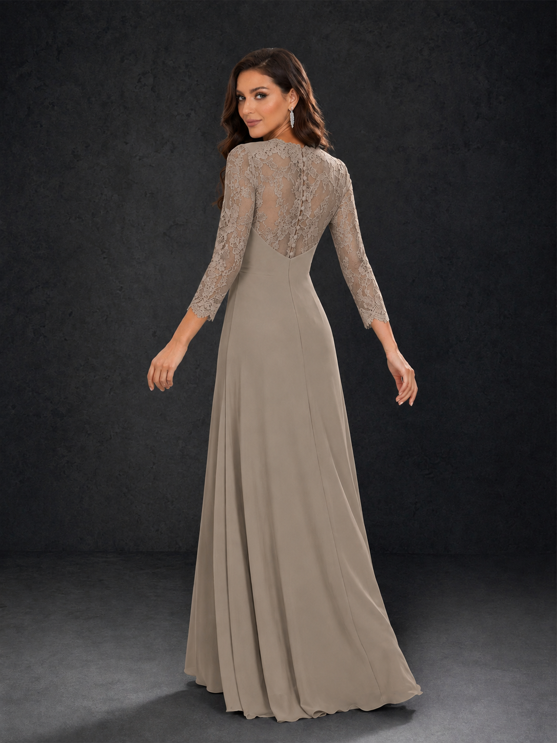 BOLODOO Taupe Lace Sleeve V-Neck Floral Waist Chiffon A-Line Maxi Dress - Taupe