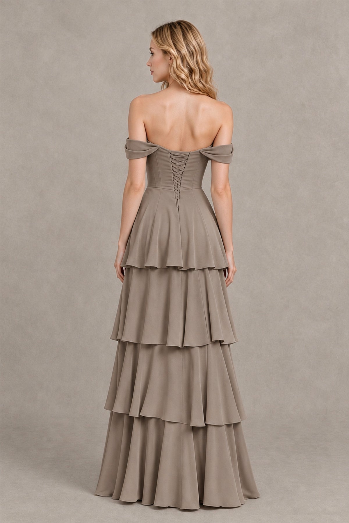 BOLODOO Taupe Off-the-Shoulder Tiered A-Line Evening Bridesmaid Dress - Taupe - Taupe_2
