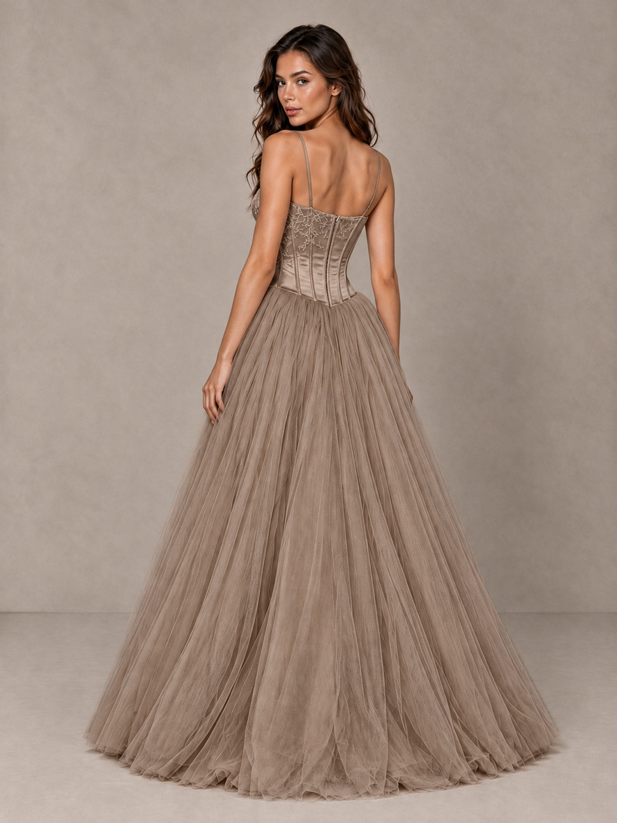 BOLODOO Taupe Corset Tulle Prom Dress with Spaghetti Straps - Taupe - Taupe_2