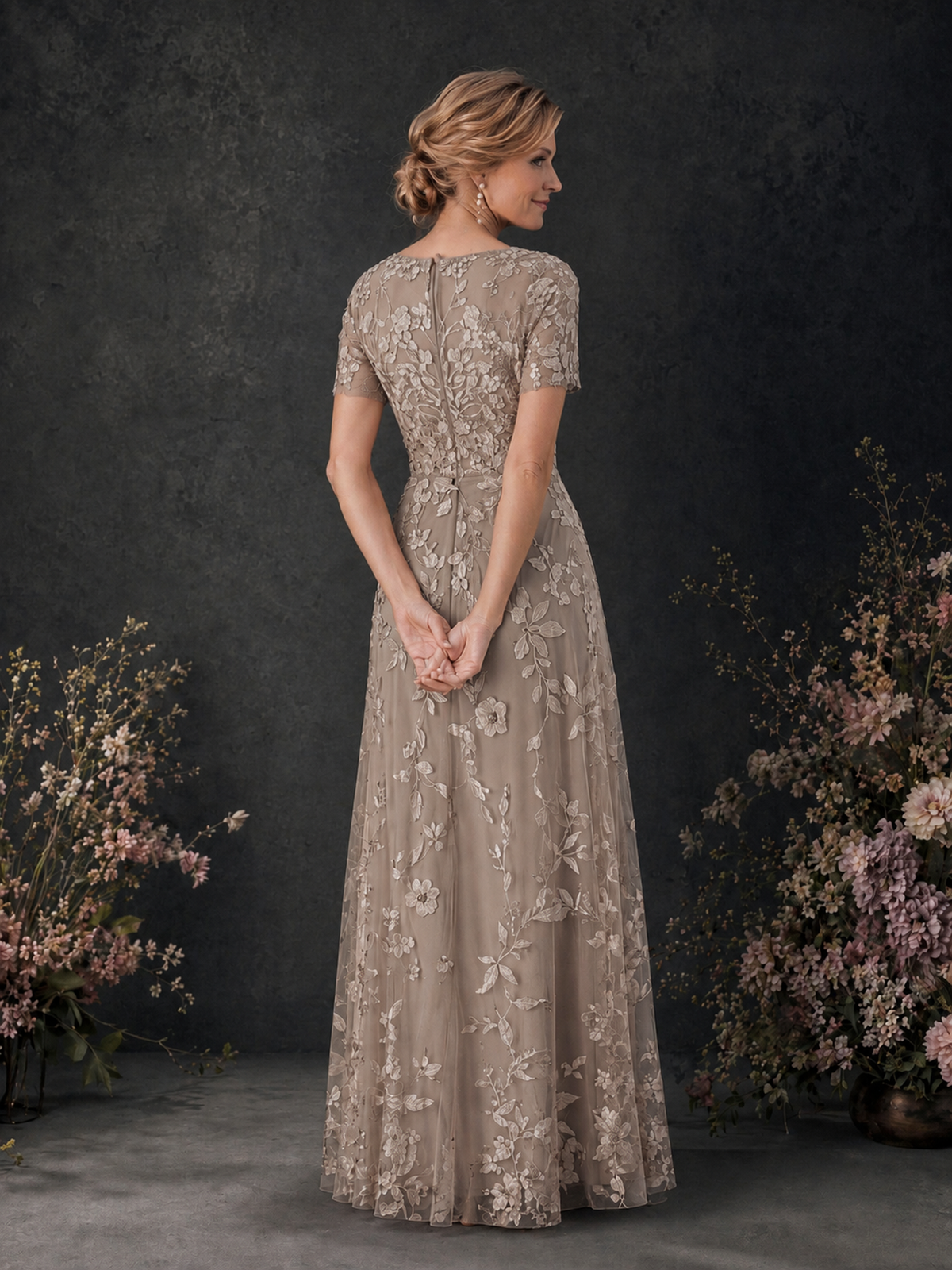 BOLODOO Taupe 3D Floral Embroidered Lace V-Neck Short Sleeve A-Line Maxi Dress - Taupe