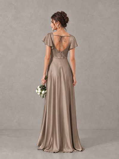 BOLODOO Taupe Satin Square Neck Flutter Sleeve A-Line Bridesmaid Dress with Slit - Taupe - Taupe_2