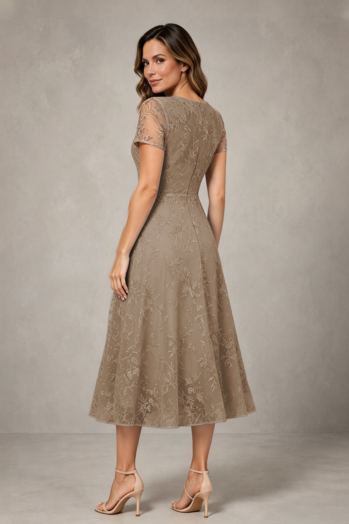BOLODOO Taupe Textured Floral A-Line Dress with Short Sleeves - Taupe