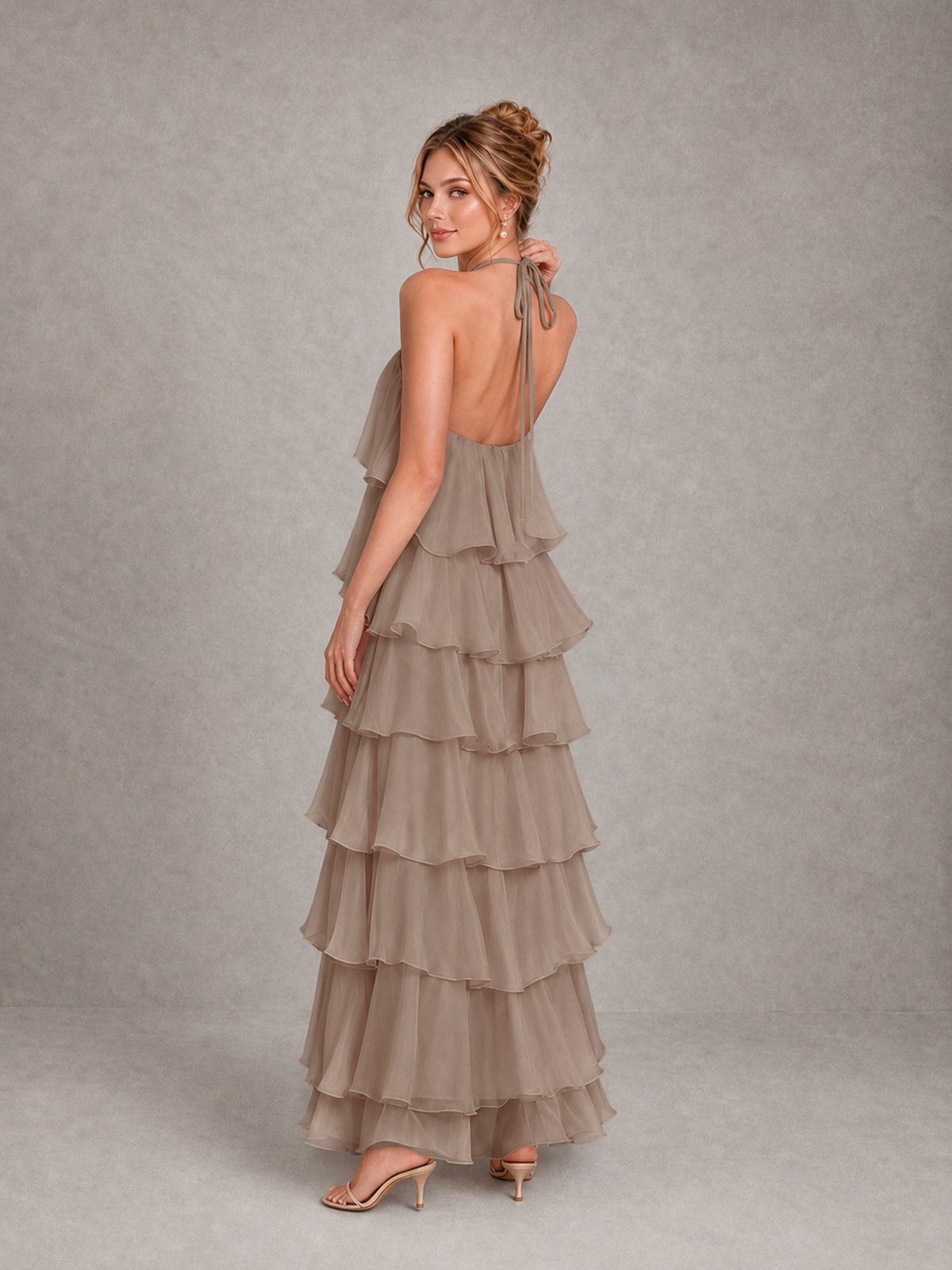 BOLODOO Taupe Halter Tiered Ruffle Maxi Bridesmaid Dress - Taupe - Taupe_2
