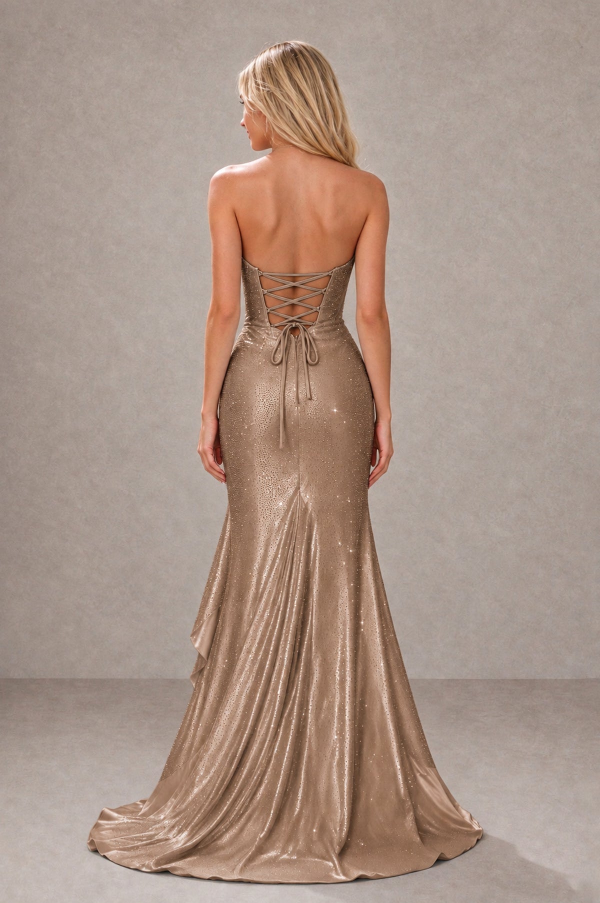 BOLODOO Taupe Strapless Corset Mermaid Prom Dress with Ruffle Slit - Taupe - Taupe_2
