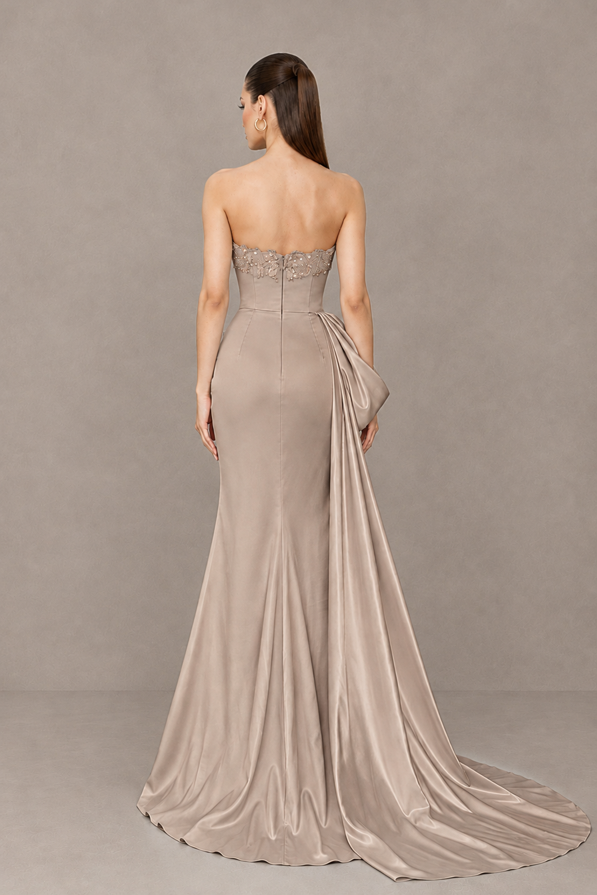 BOLODOO Taupe Strapless Satin Prom Dress with Draped Side Train - Taupe - Taupe_2