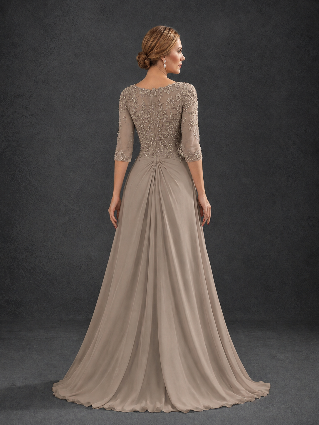 BOLODOO Taupe Sweetheart Neck 3/4 Sleeve Floral Lace Illusion Bodice Chiffon A-Line Gown - Taupe