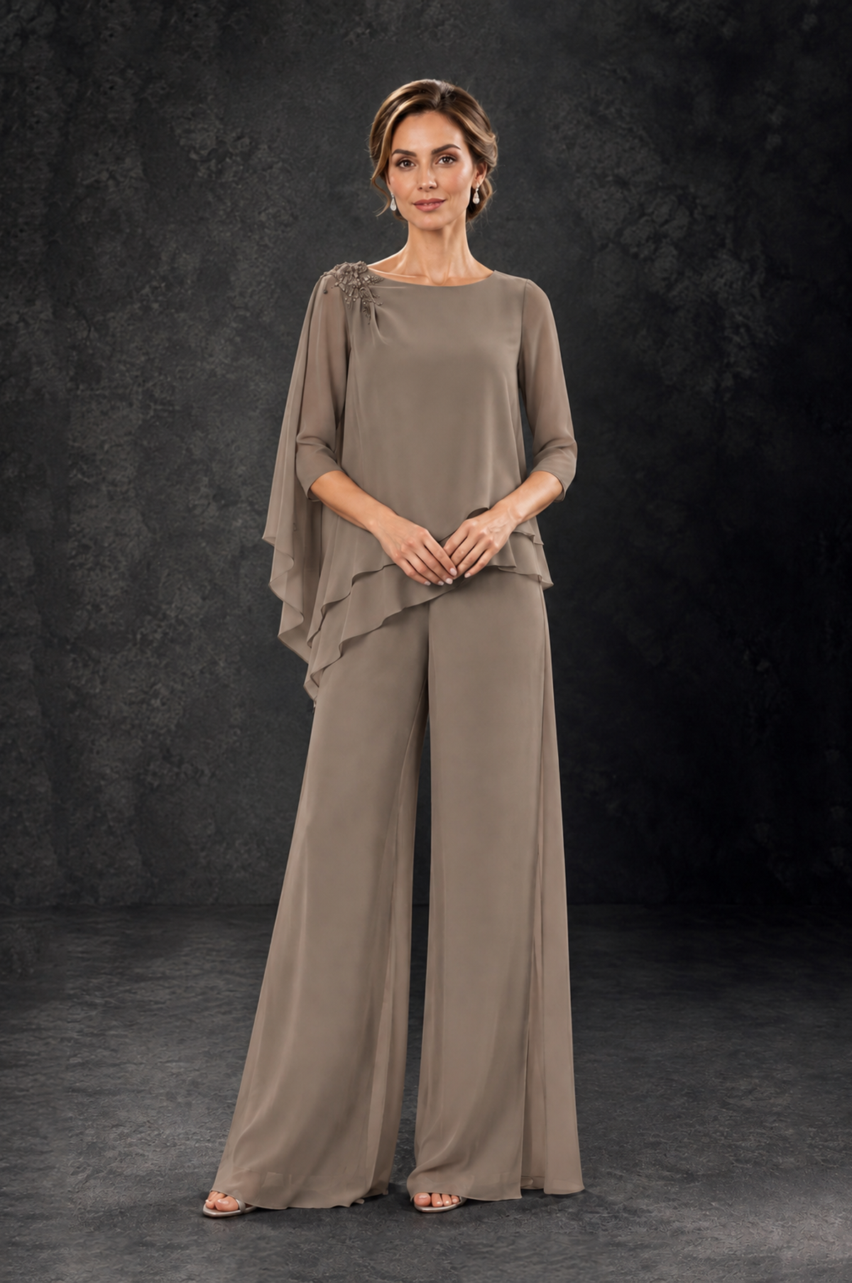 BOLODOO Taupe Layered Wide-Leg Mother of the Bride Pant Suit - Taupe - Taupe_3