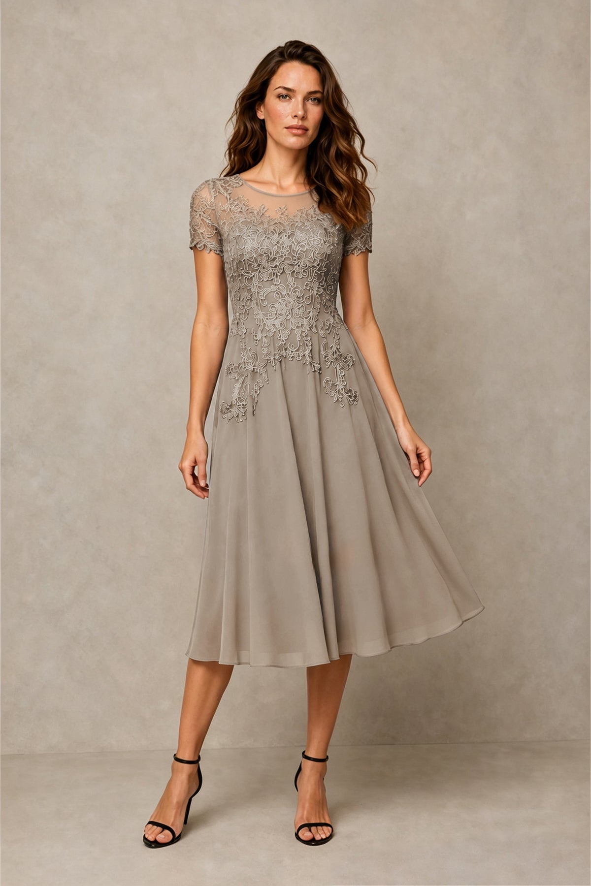 BOLODOO Steel Taupe Beaded Lace Illusion Bodice Chiffon Tea-Length Dress | Mother of the Bride & Cocktail Party - Taupe
