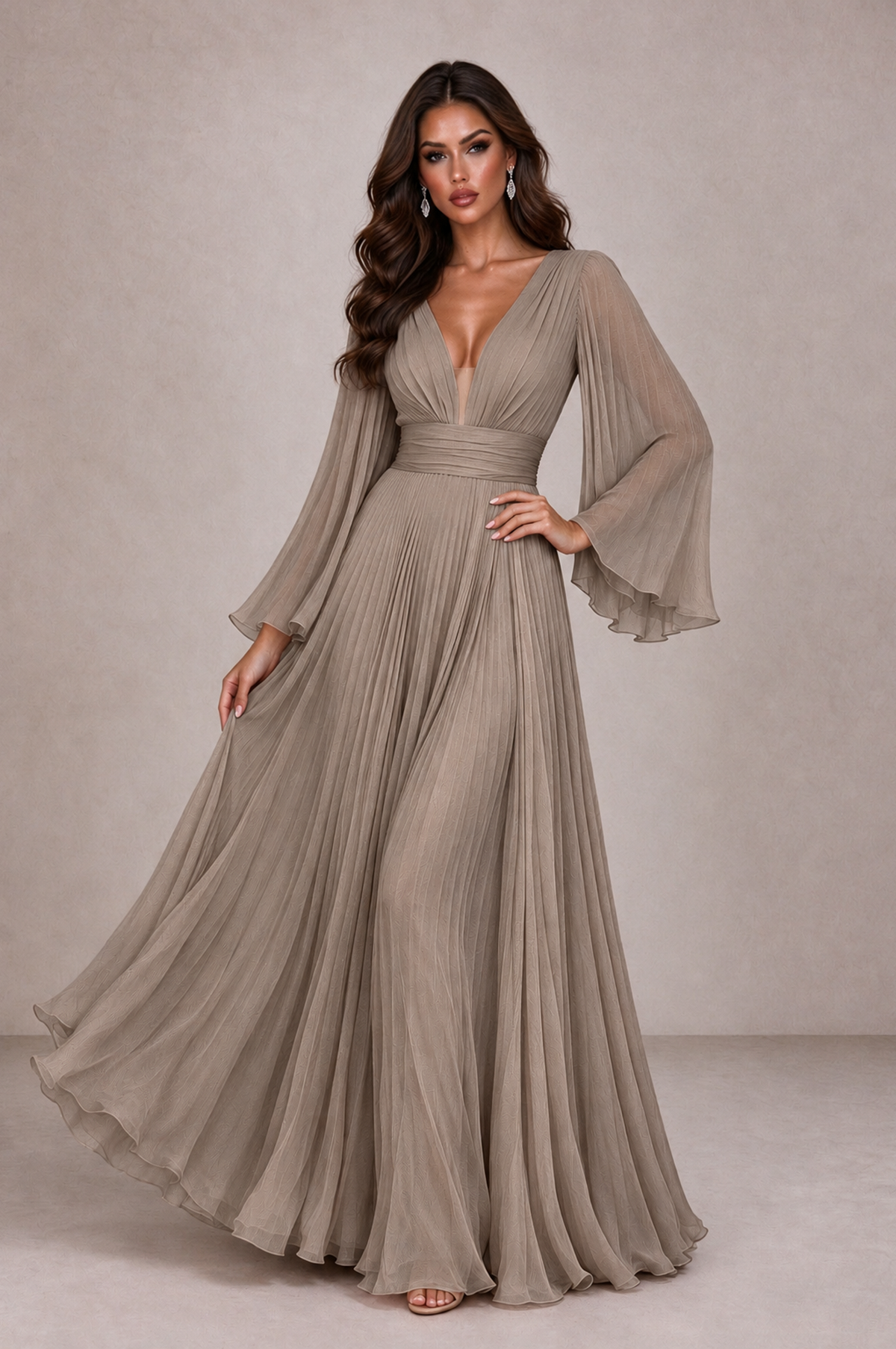 BOLODOO Taupe Pleated Deep V-Neck Long Bell Sleeve Evening Dress - Taupe - Taupe_3