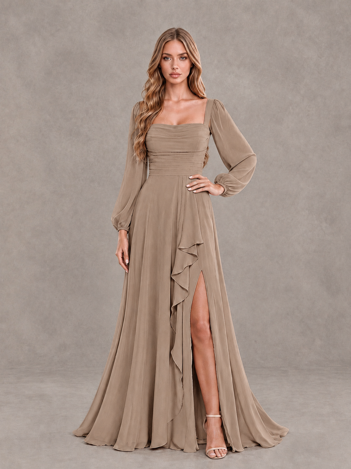 BOLODOO Taupe Square Neck Long Sleeve Bridesmaid Dress with Ruffle Slit - Taupe - Taupe_3