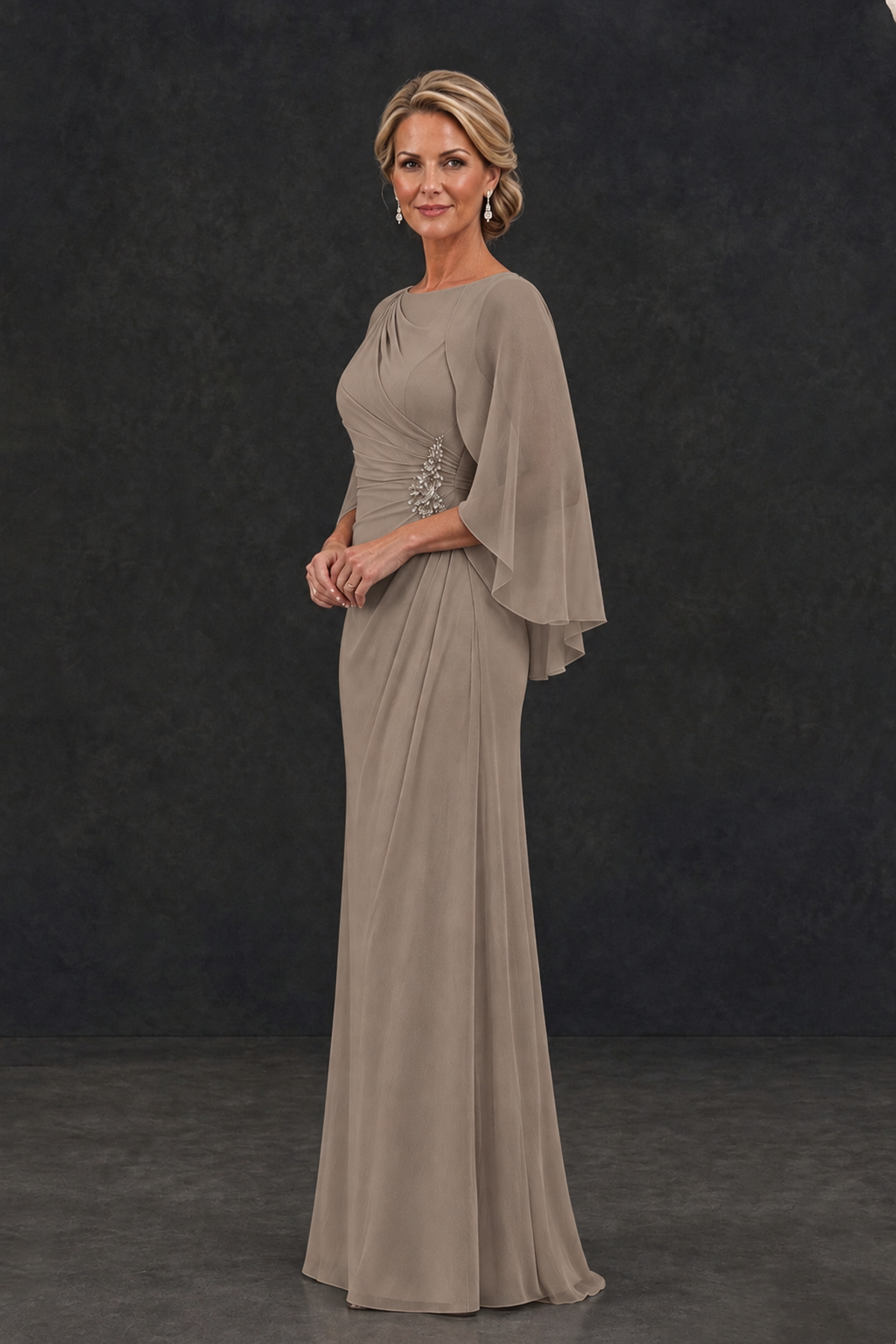 BOLODOO Taupe Cape Sleeve Mother of the Bride Dress with Ruched Waist - Taupe - Taupe_3