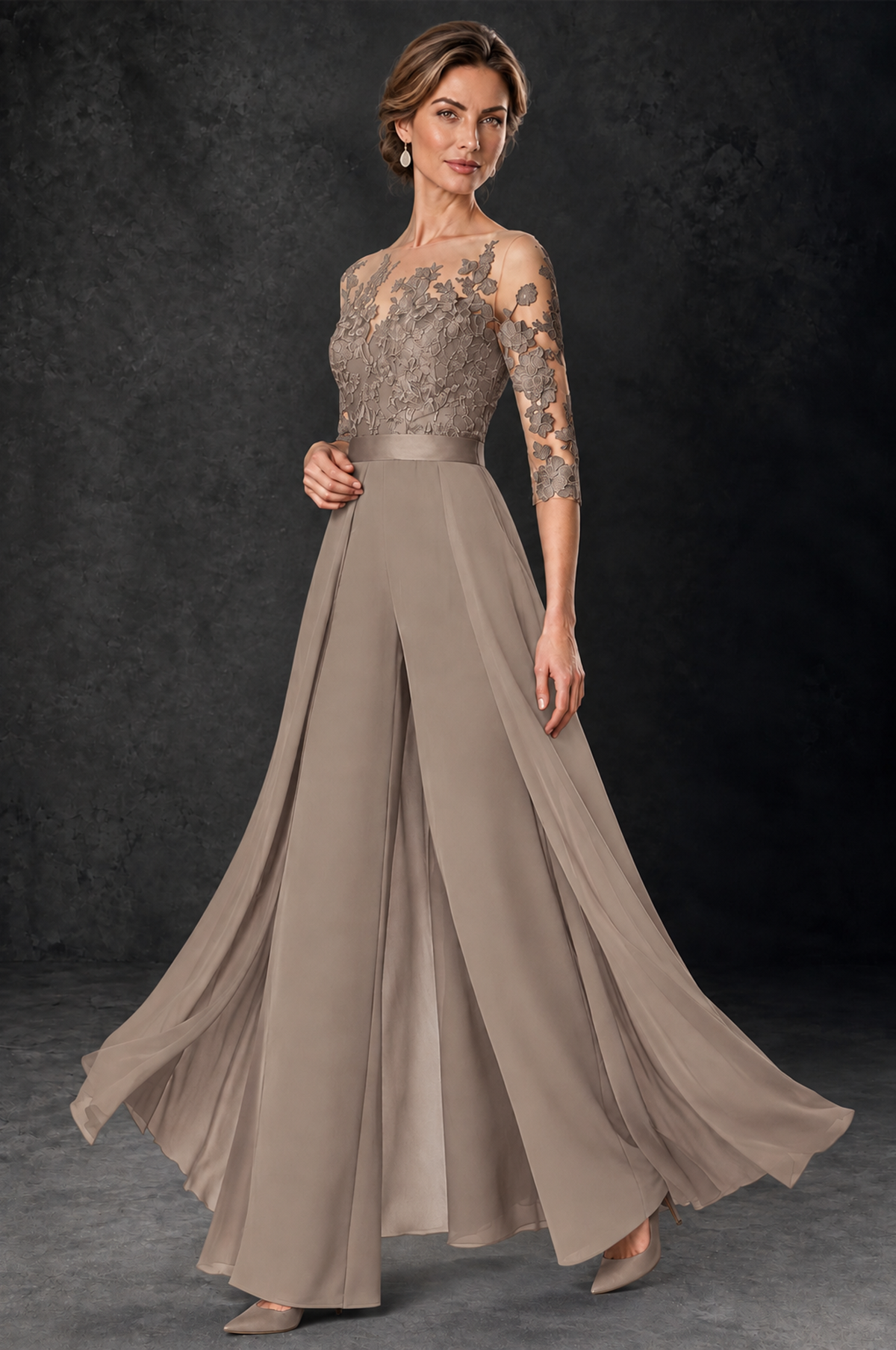 BOLODOO Taupe Lace Wide-Leg Jumpsuit with Three-Quarter Sleeves - Taupe - Taupe_3