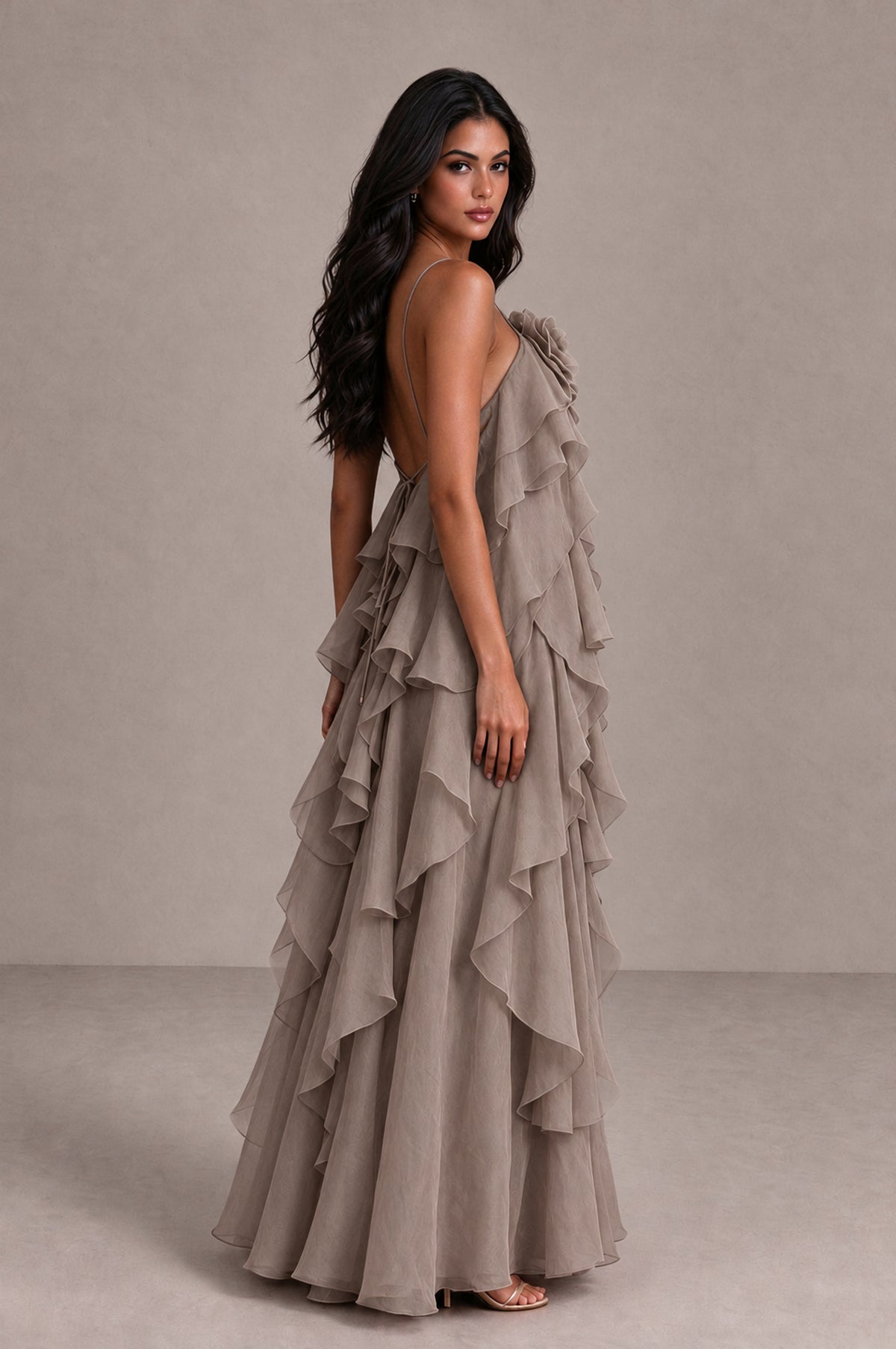 BOLODOO Taupe Cascading Ruffle Rosette Open-Back Maxi Dress - Taupe - Taupe_3