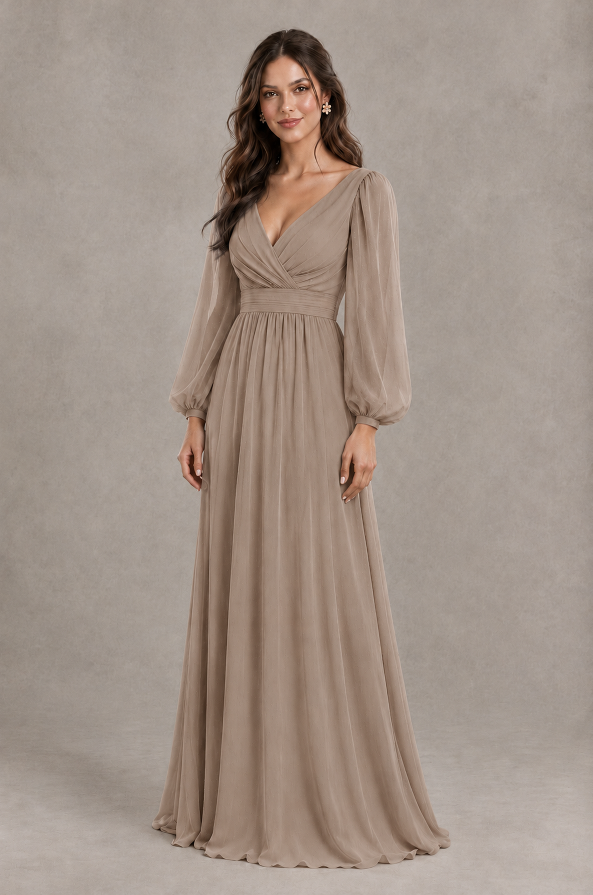 BOLODOO Taupe Long Sleeve V-Neck A-Line Bridesmaid Dress - Taupe - Taupe_3