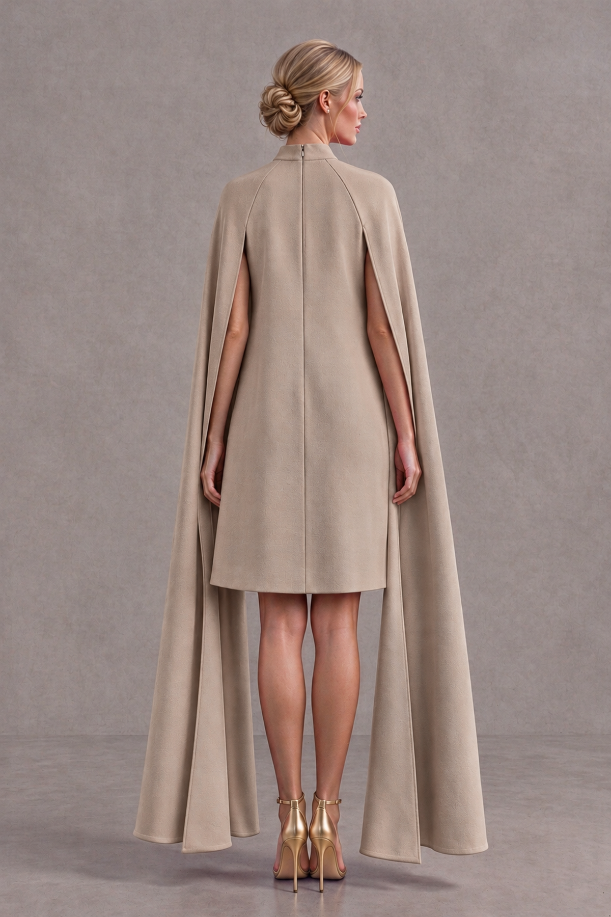 BOLODOO Taupe High Neck Floral Cape Mini Cocktail Dress - Taupe - Taupe_3