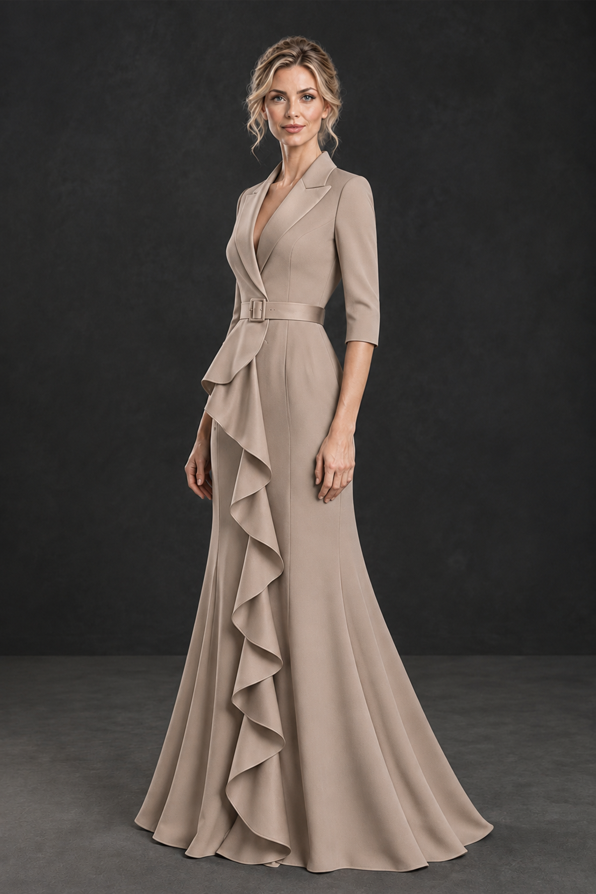 BOLODOO Taupe Lapel Ruffle Mother of the Bride Dress with Belt - Taupe - Taupe_3