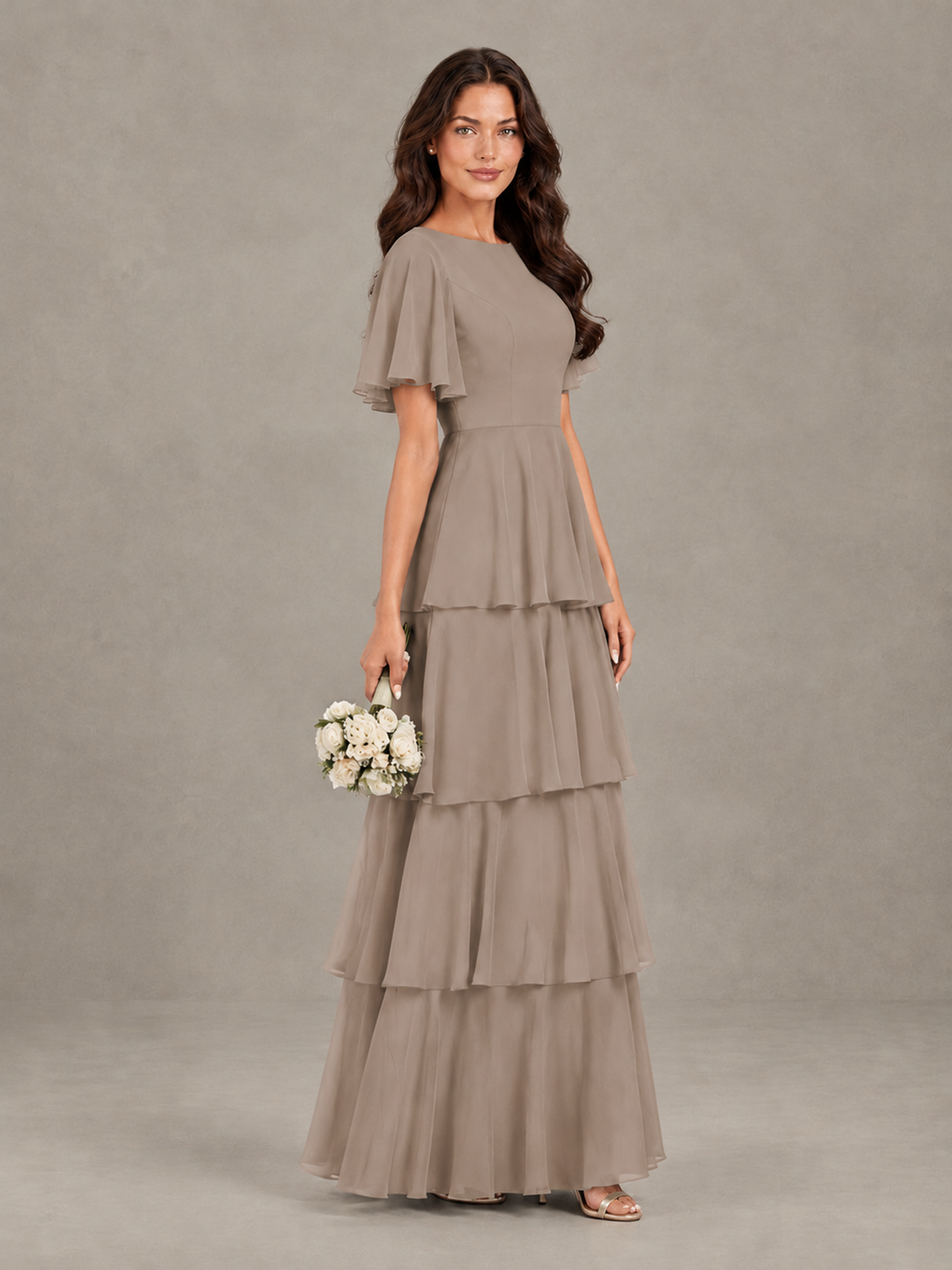 BOLODOO Taupe Tiered Flutter Sleeve Bridesmaid Dress - Taupe - Taupe_3