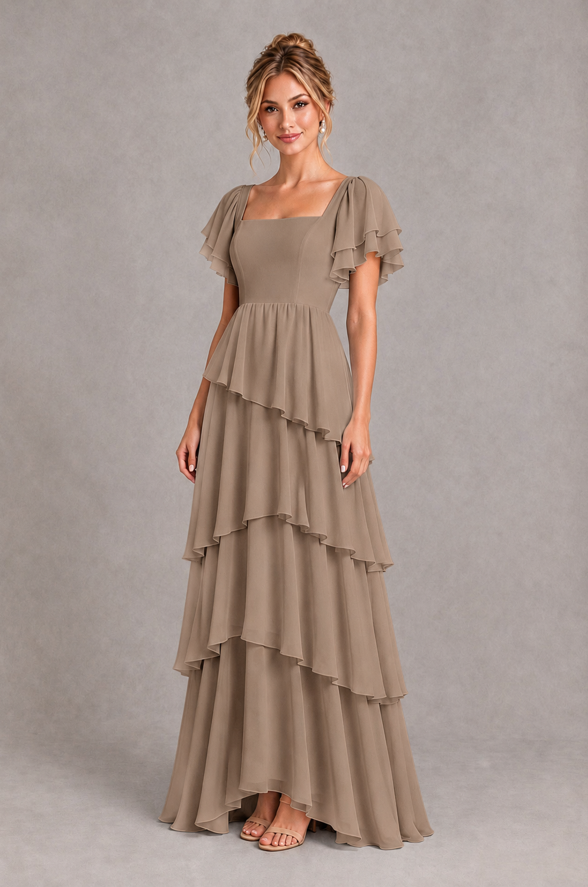 BOLODOO Taupe Square Neck Flutter Sleeve Tiered Chiffon Bridesmaid Dress with Lace-Up Back - Taupe - Taupe_3
