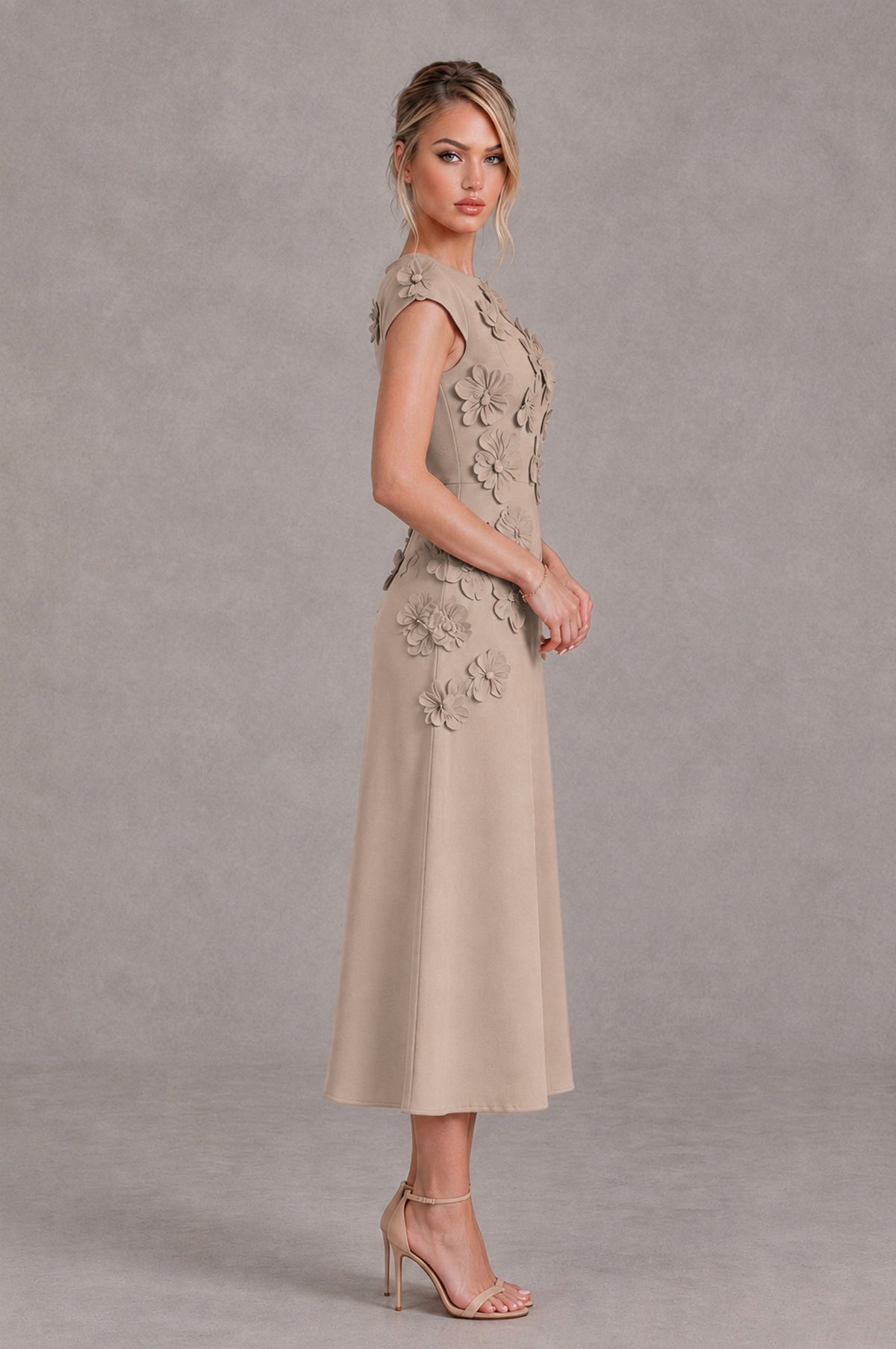 BOLODOO Taupe 3D Floral Cap Sleeve Midi Cocktail Dress - Taupe - Taupe_3