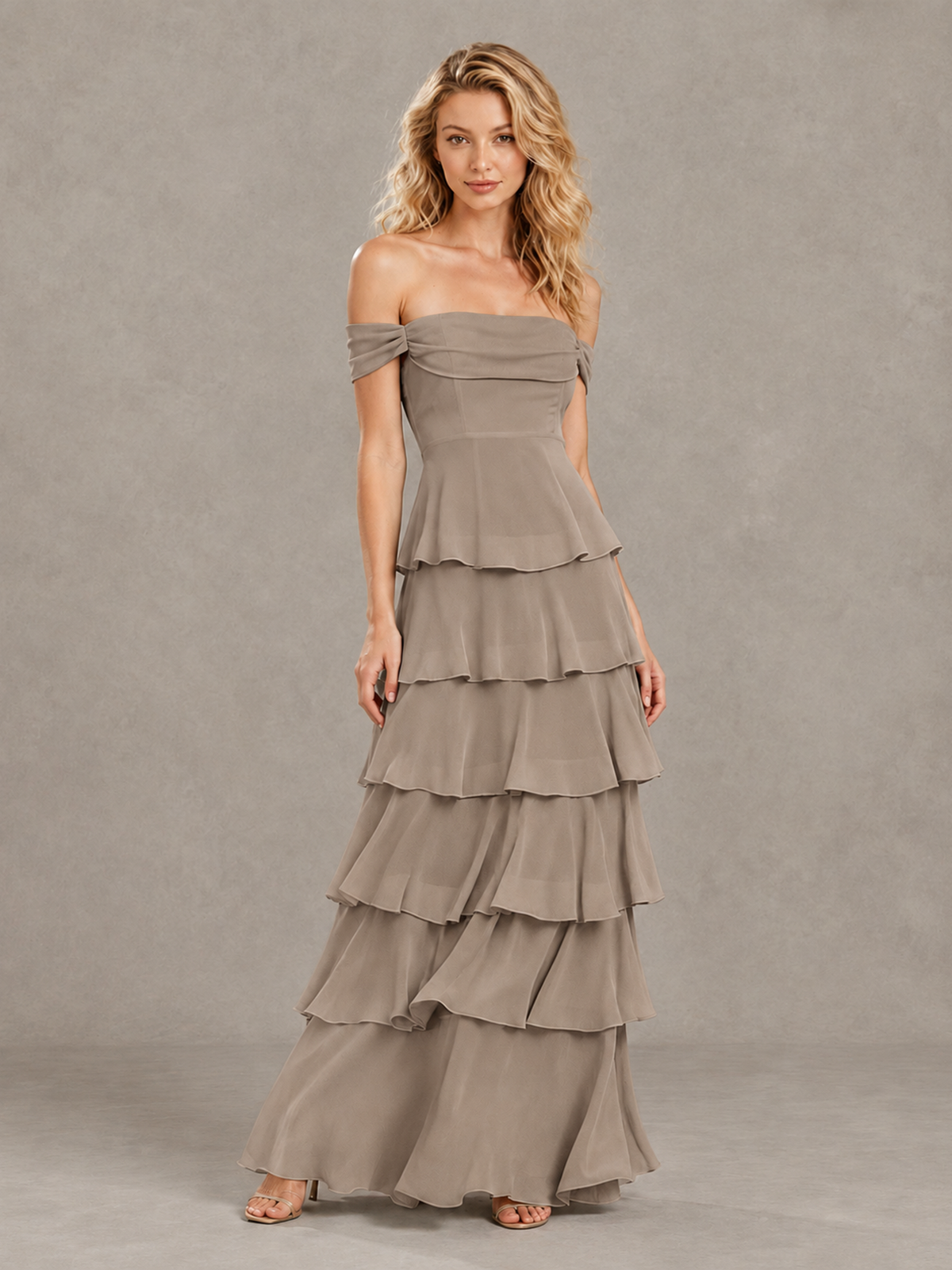 BOLODOO Taupe Off-Shoulder Tiered Ruffle Bridesmaid Dress with Lace-Up Back - Taupe - Taupe_3