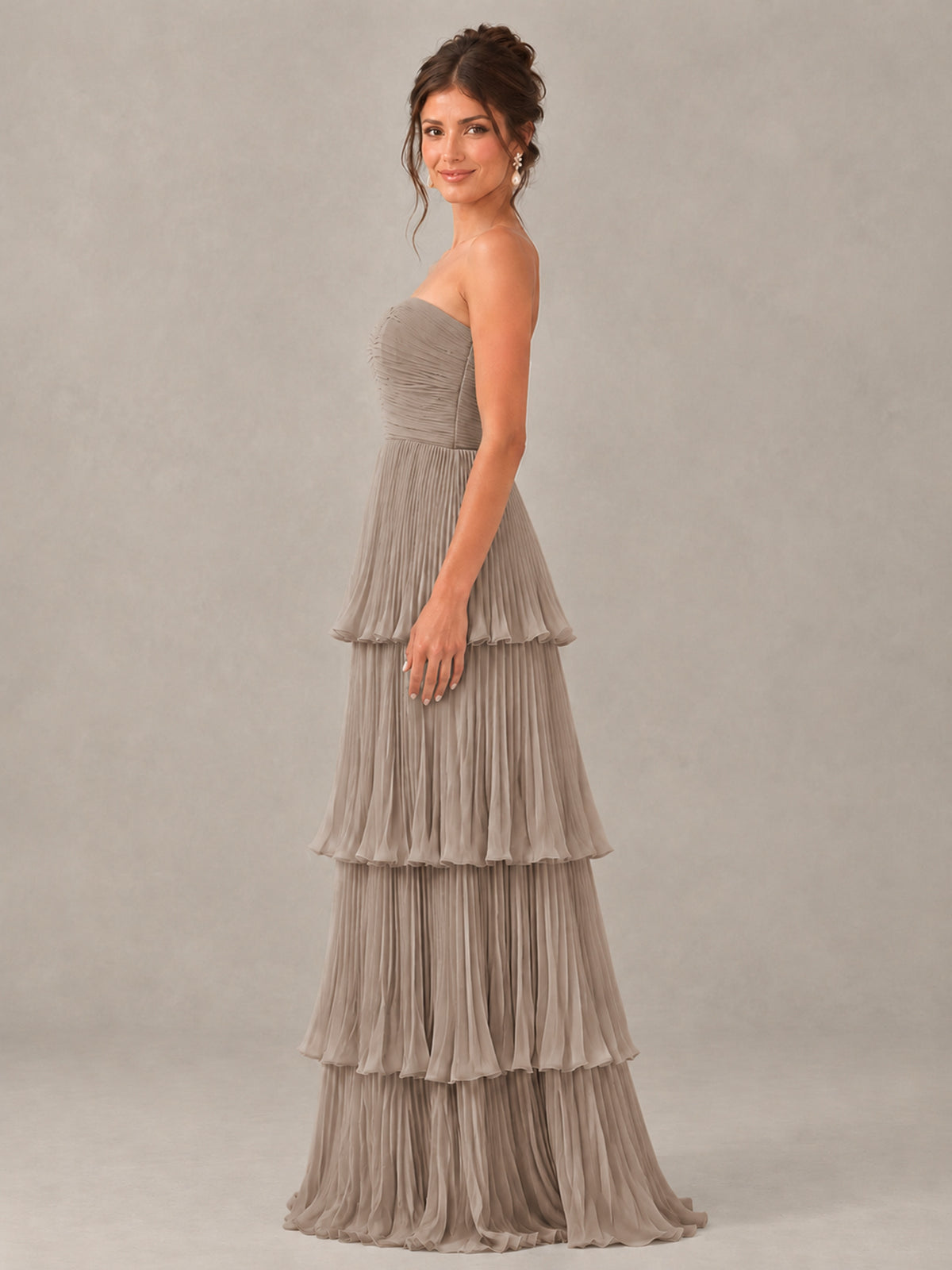 BOLODOO Taupe Strapless Tiered Pleated Bridesmaid Dress - Taupe - Taupe_3