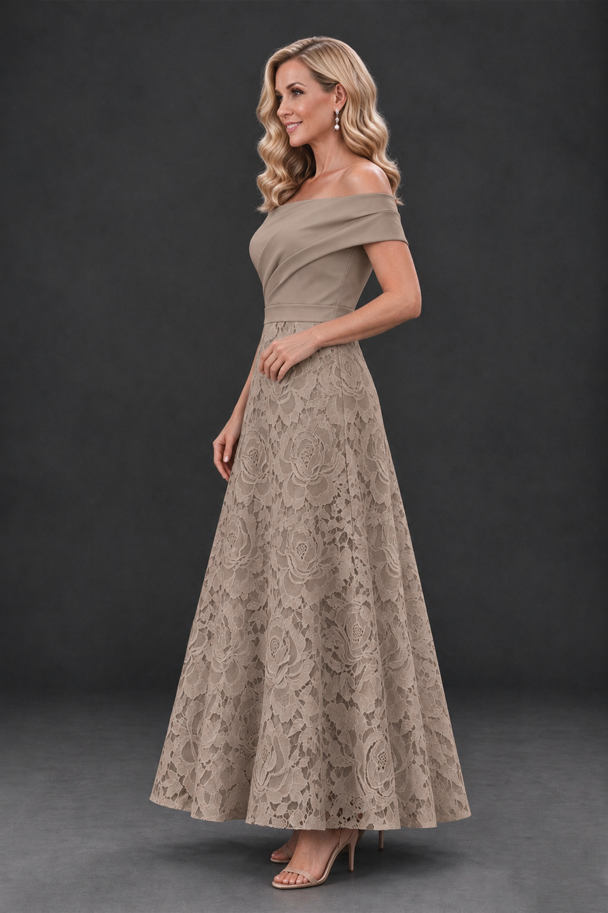 BOLODOO Taupe Off-the-Shoulder Floral A-Line Mother of the Bride Dress - Taupe - Taupe_3
