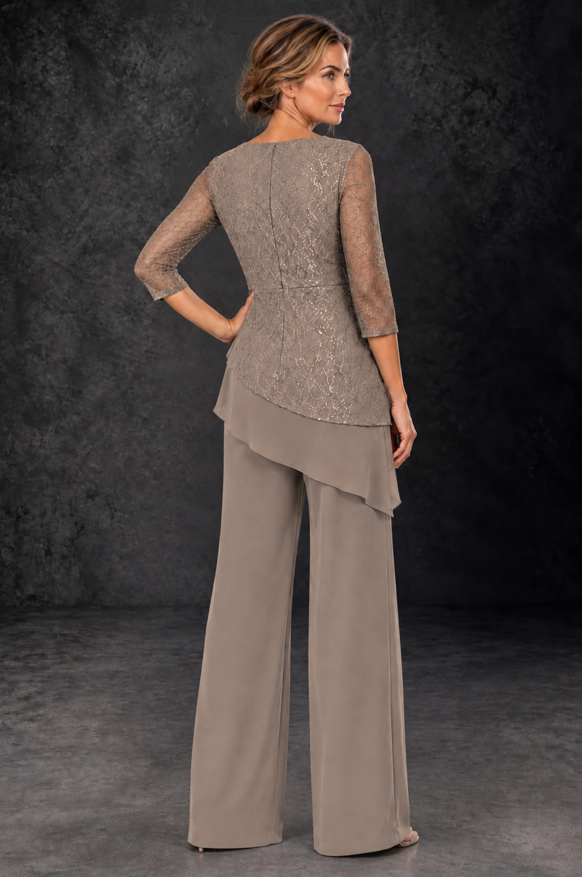 BOLODOO Taupe Sequin Lace 3/4 Sleeve Chiffon Mother of the Bride Pant Suit - Taupe - Taupe_3