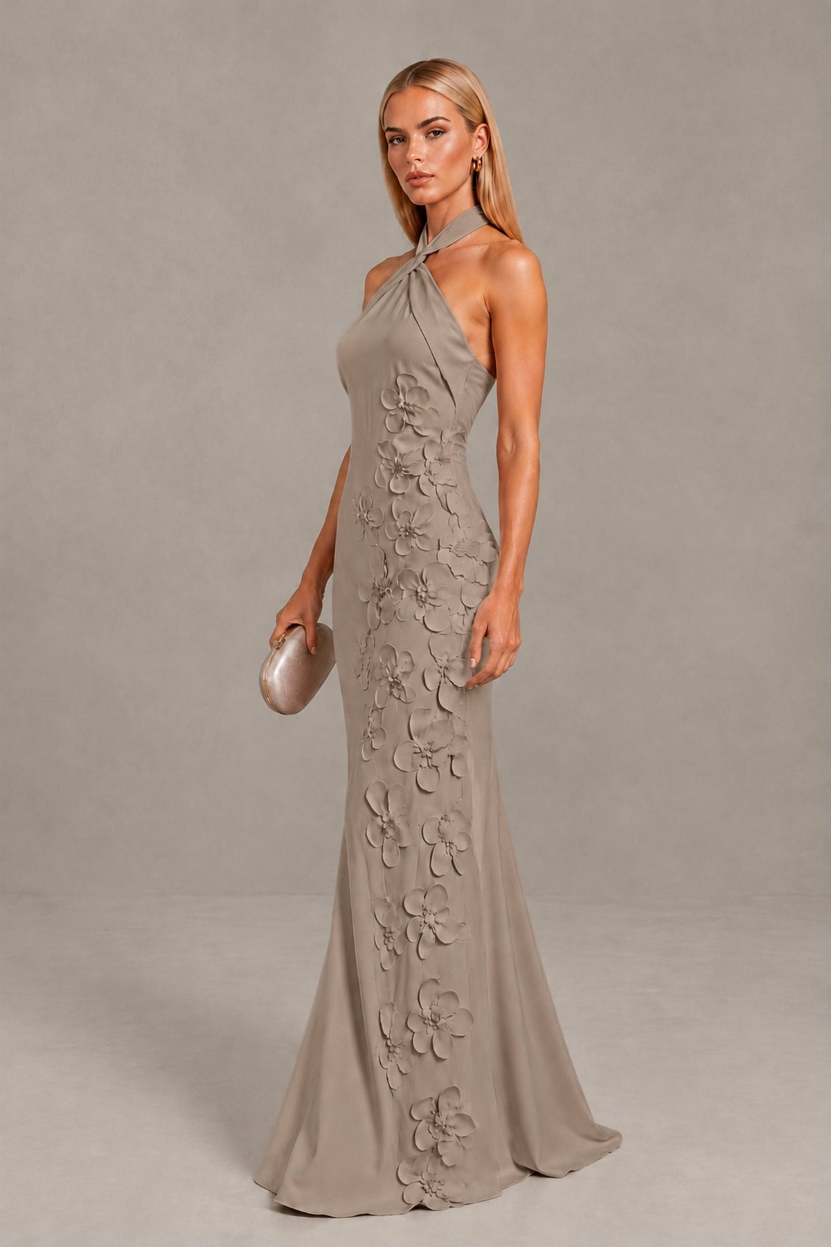 BOLODOO Taupe Cross Halter Neck 3D Floral Appliqué Backless Mermaid Maxi Gown - Taupe - Taupe_3