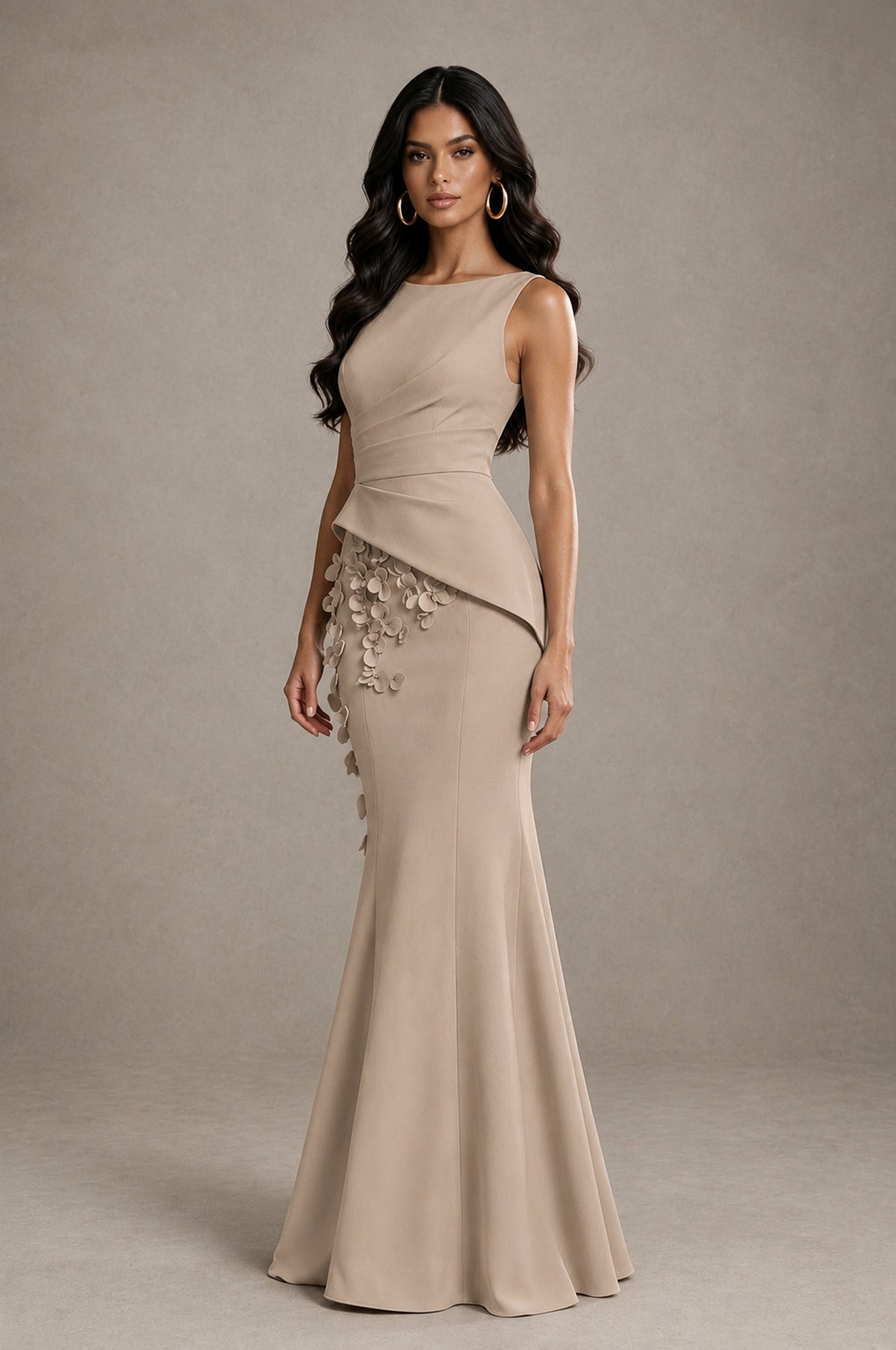BOLODOO Taupe Bateau Neck Sleeveless Asymmetric Peplum 3D Petal Appliqué Mermaid Gown BD0421 - Taupe - Taupe_3